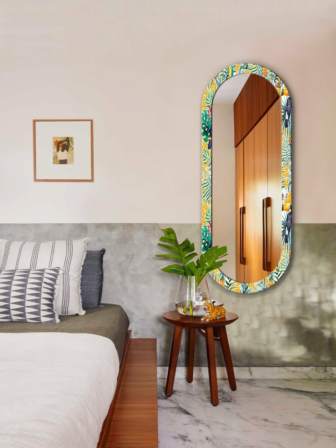 

999Store Yellow & Green Leaves Printed Long Wall Mirror