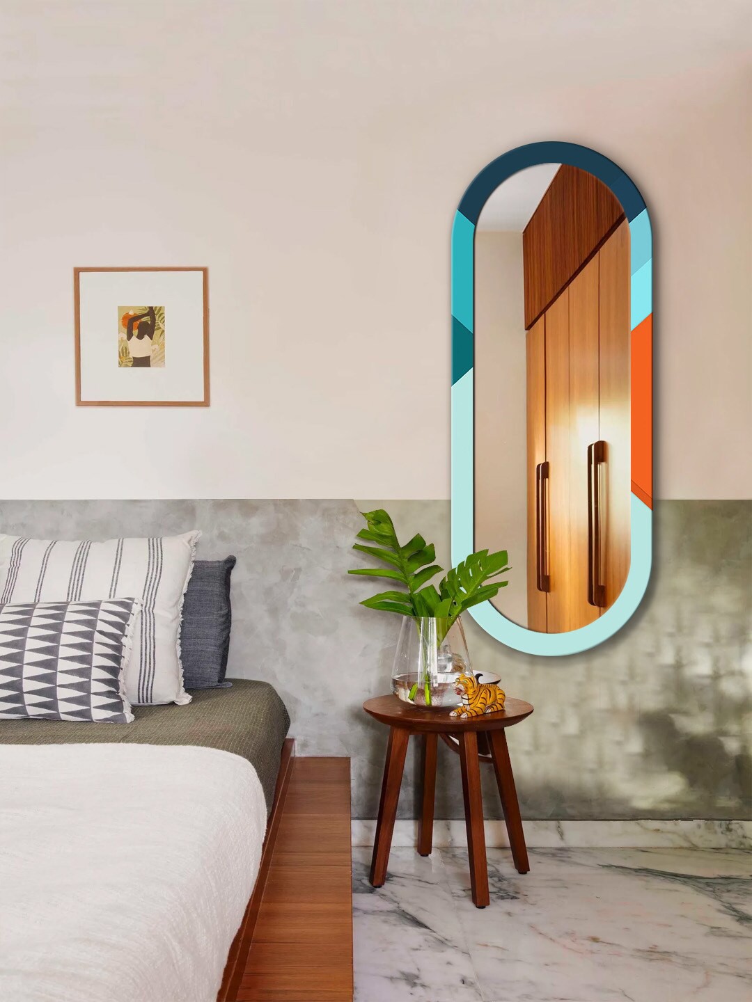 

999Store Blue & Orange Abstract Printed MDF Wall Mirror
