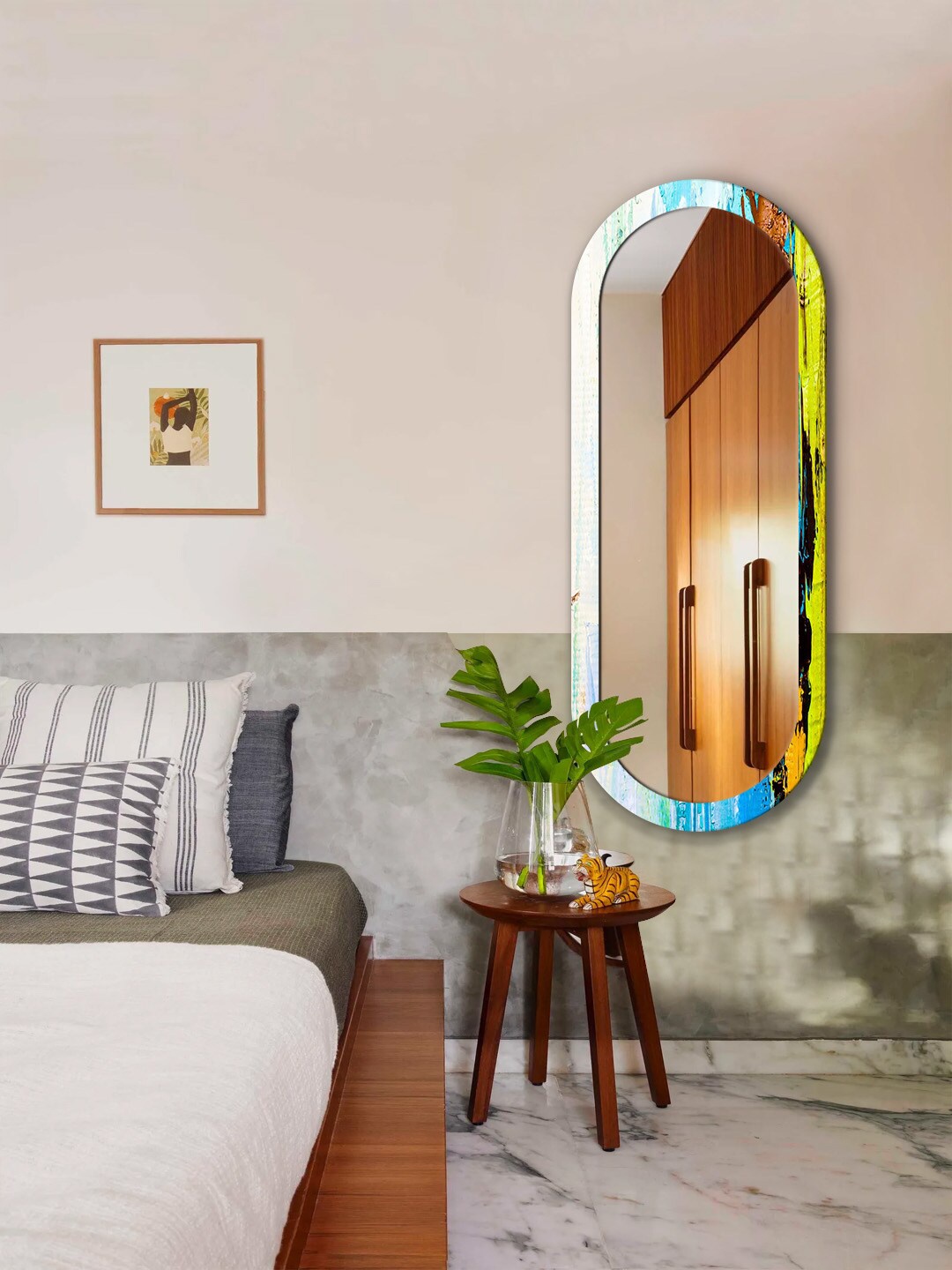 

999Store White & Yellow Abstract Printed MDF Frame Wall Mirror