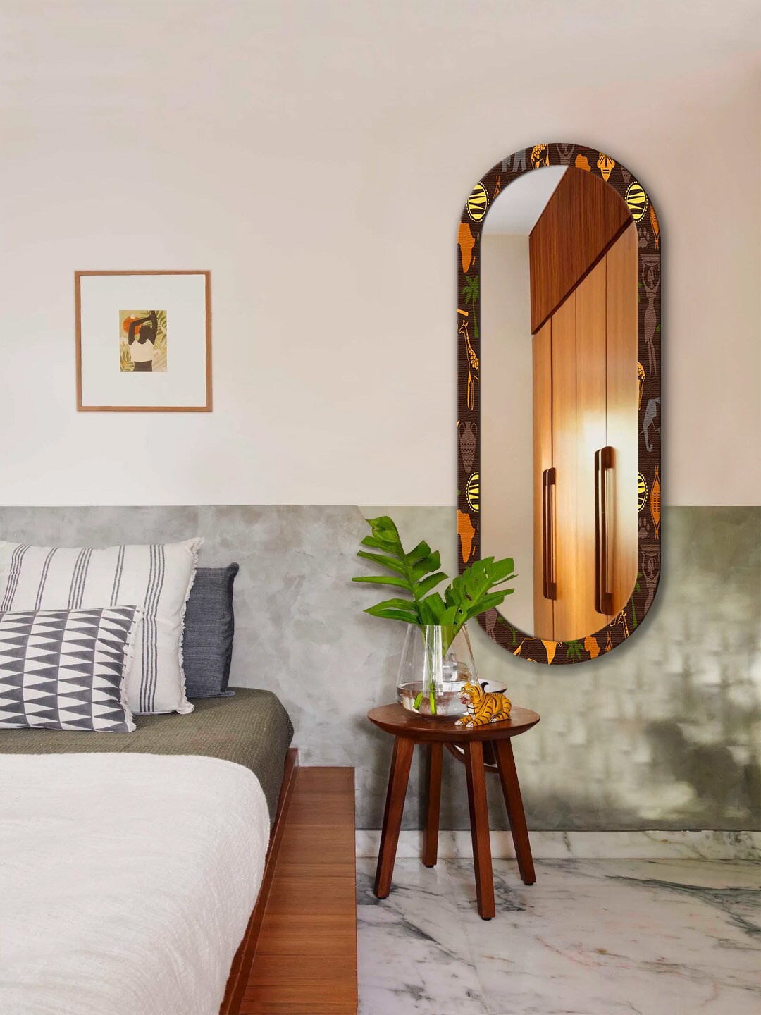 

999Store Brown & Mustard Yellow Printed MDF Frame Wall Mirror - 4 Ft