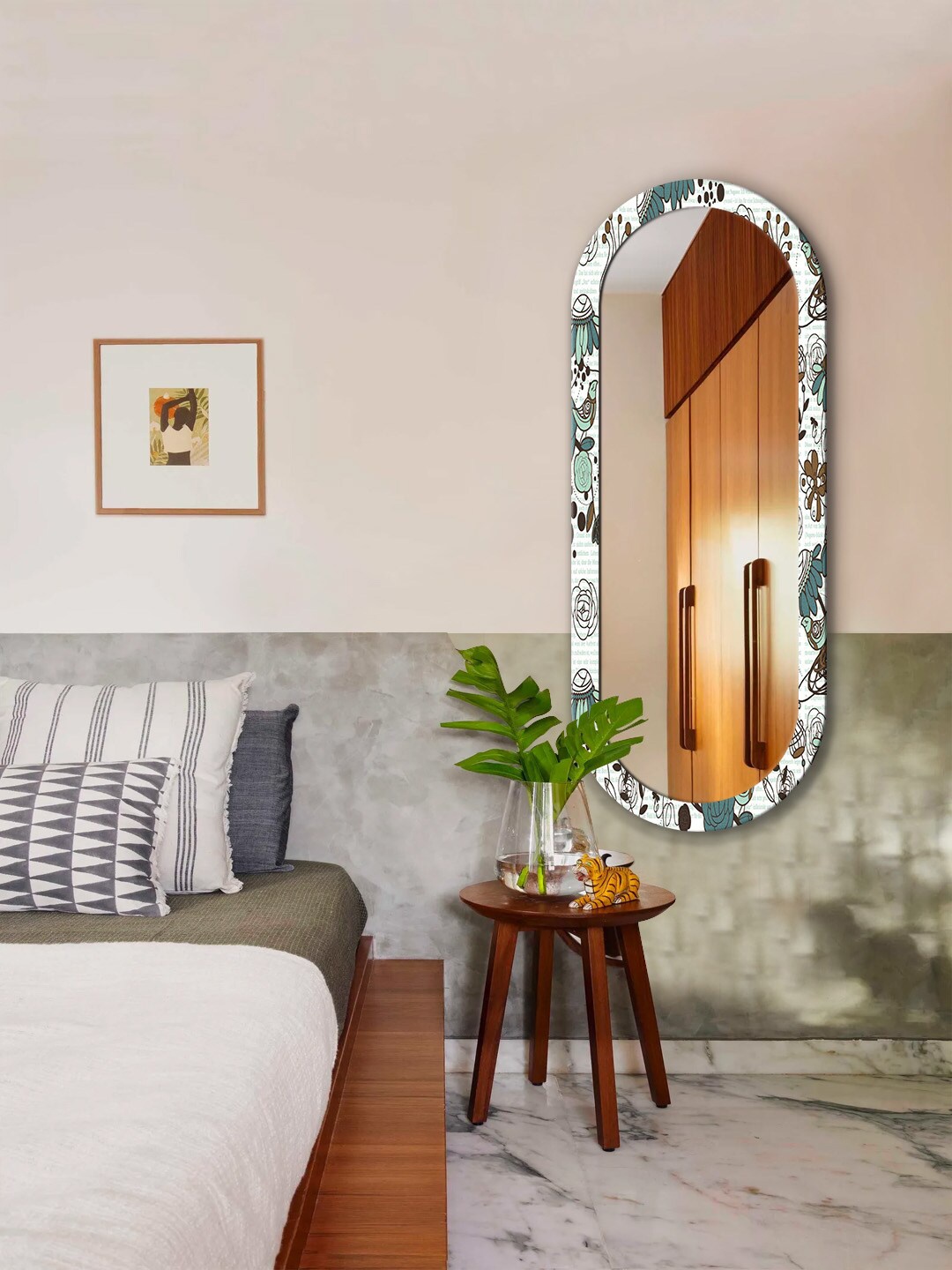 

999Store White & Blue Floral Printed MDF Frame Wall Mirror