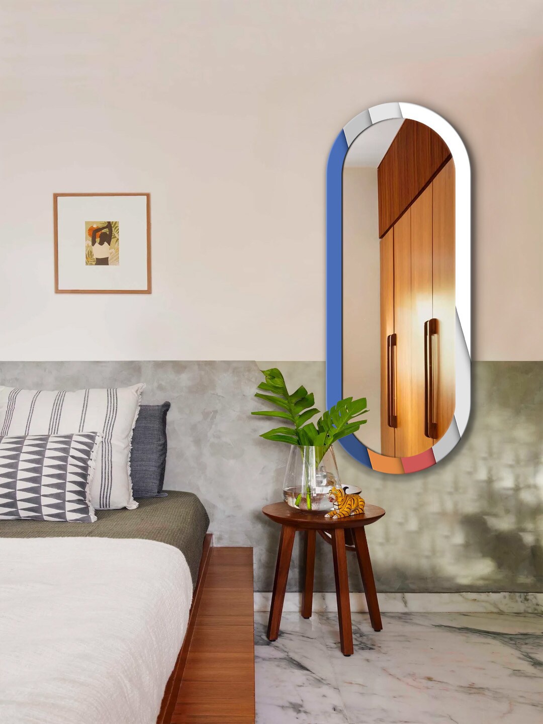 

999Store Blue & White Abstract Printed Wall Mirror