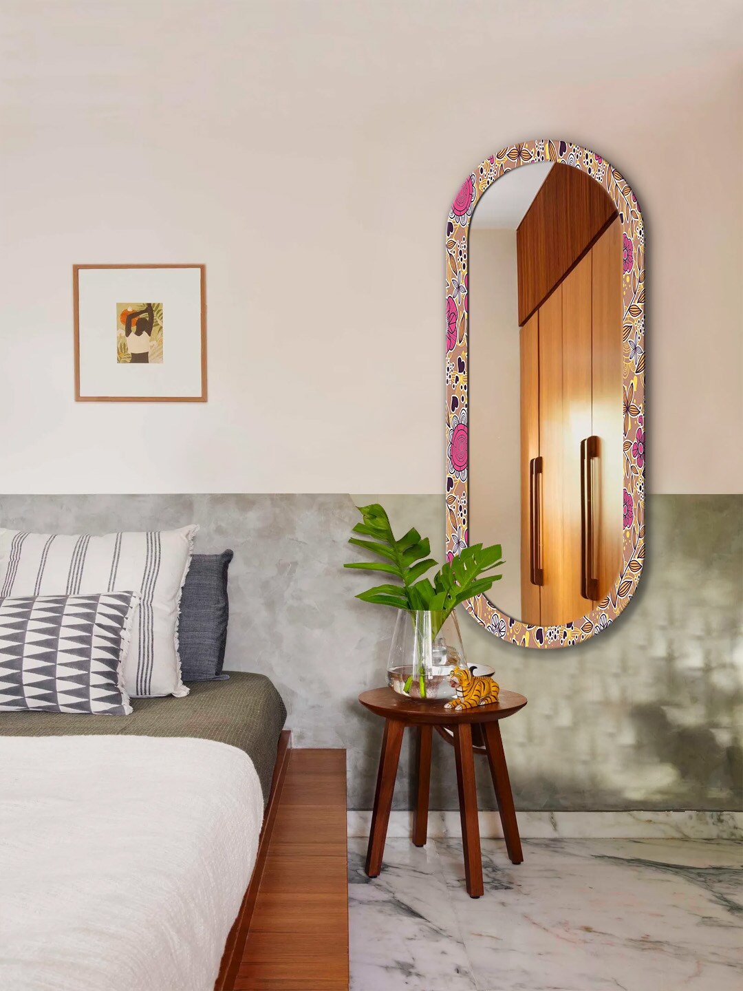 

999Store Brown & Pink Floral Printed Wall Mirror