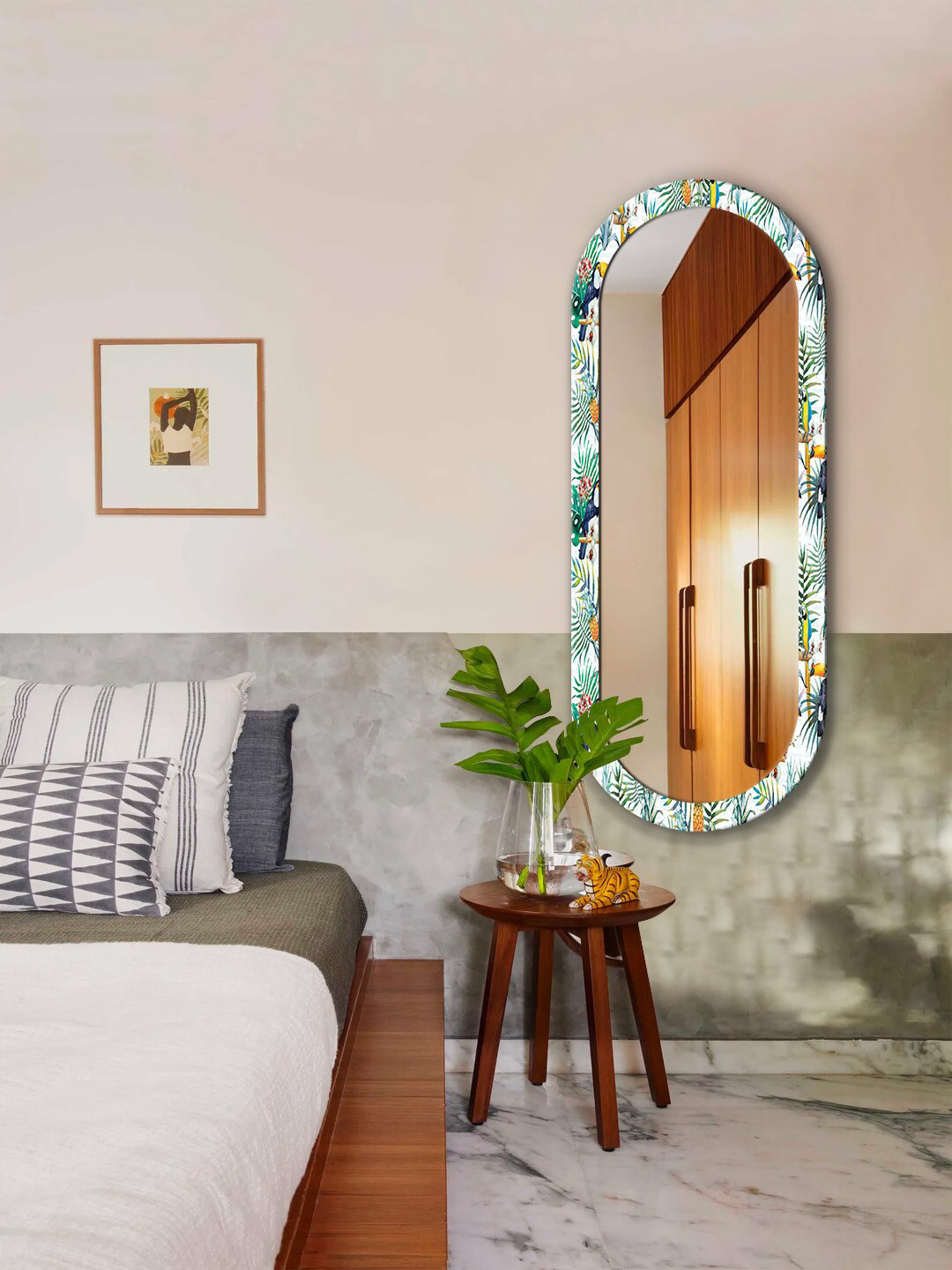 

999Store Off-White & Green Printed Wooden Frame Wall Mirror
