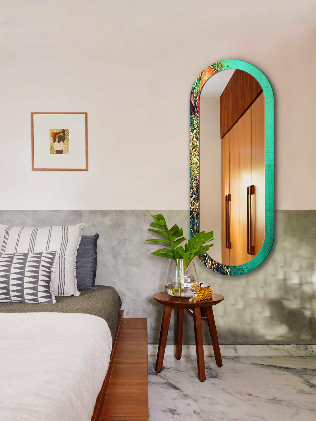 

999Store Green & Blue Dry Grass Printed Wall Mirror