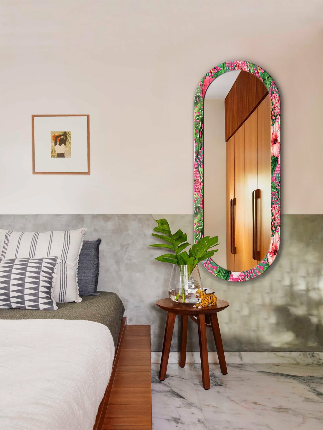 

999Store Pink & Green Floral Printed Wall Mirror