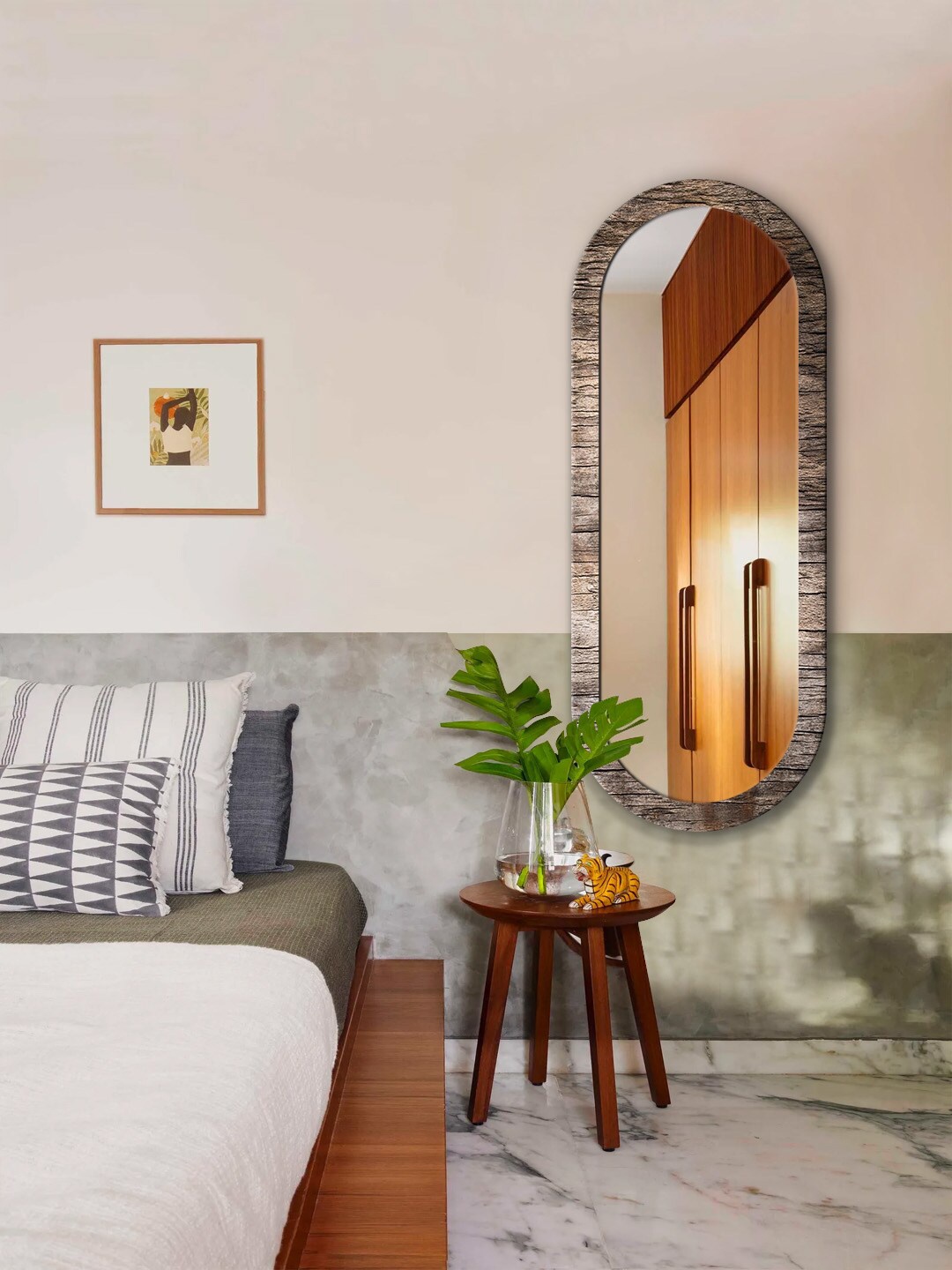 

999Store Brown & Grey Printed Wooden Wall Mirror