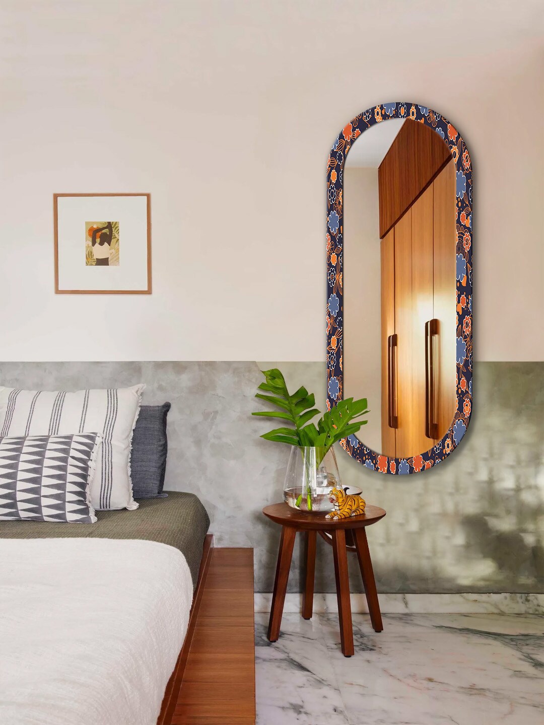 

999Store Navy-Blue & Orange Floral Printed MDF Frame Wall Mirror