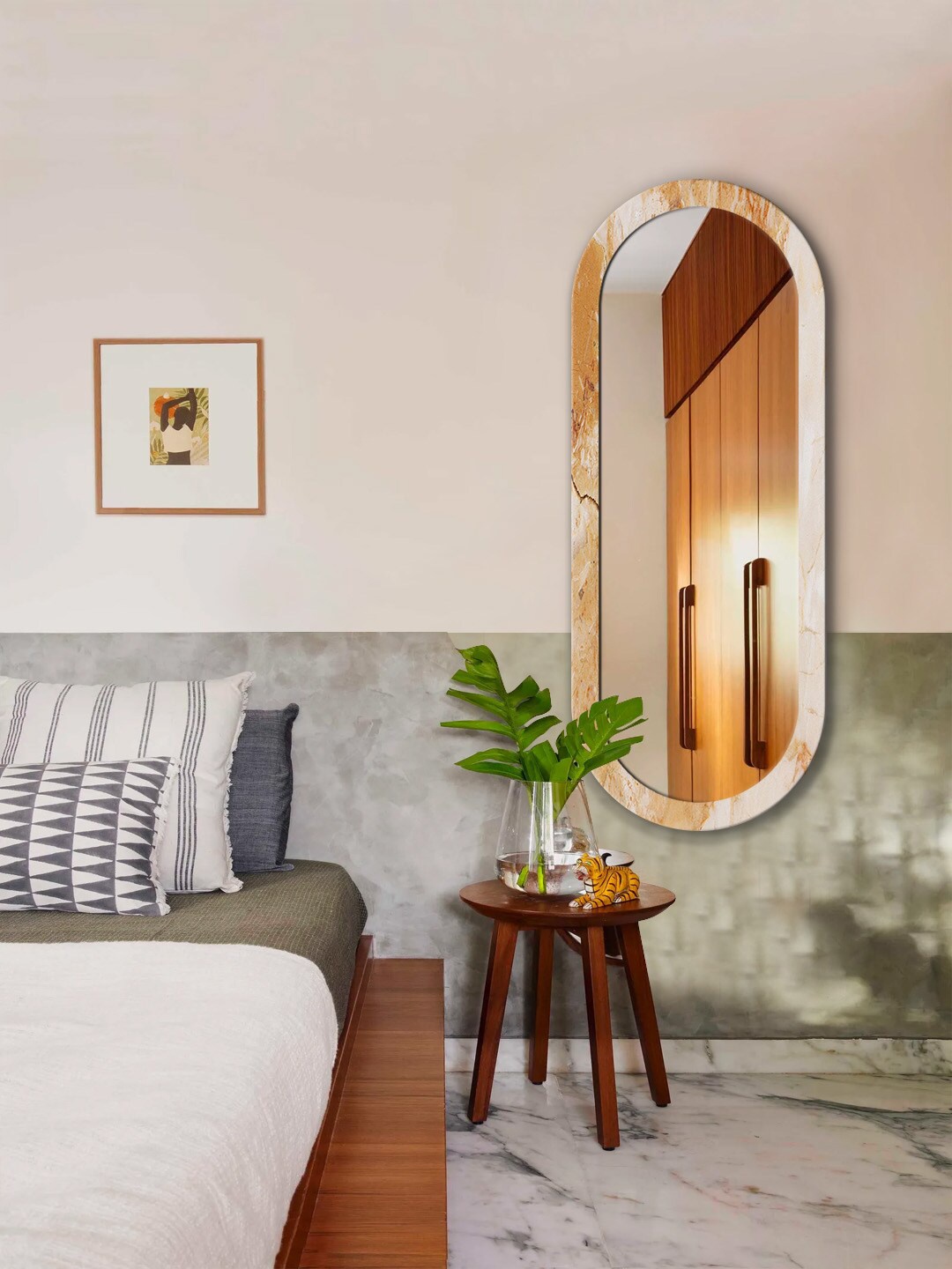 

999Store Brown & Off-White Printed MDF Frame Wall Mirror