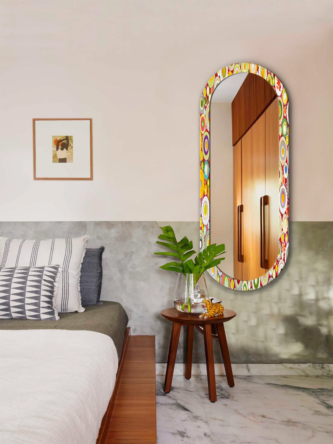 

999Store Yellow & White Floral Printed MDF Frame Wall Mirror