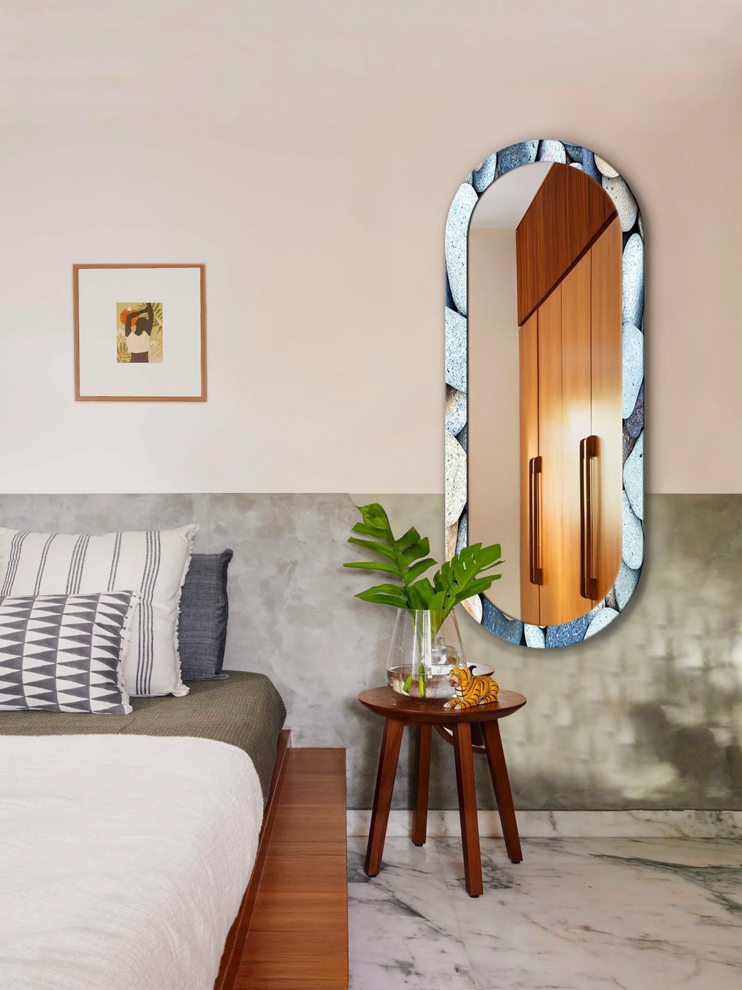 

999Store Blue & White Stone Rustic Printed Wall Mirror