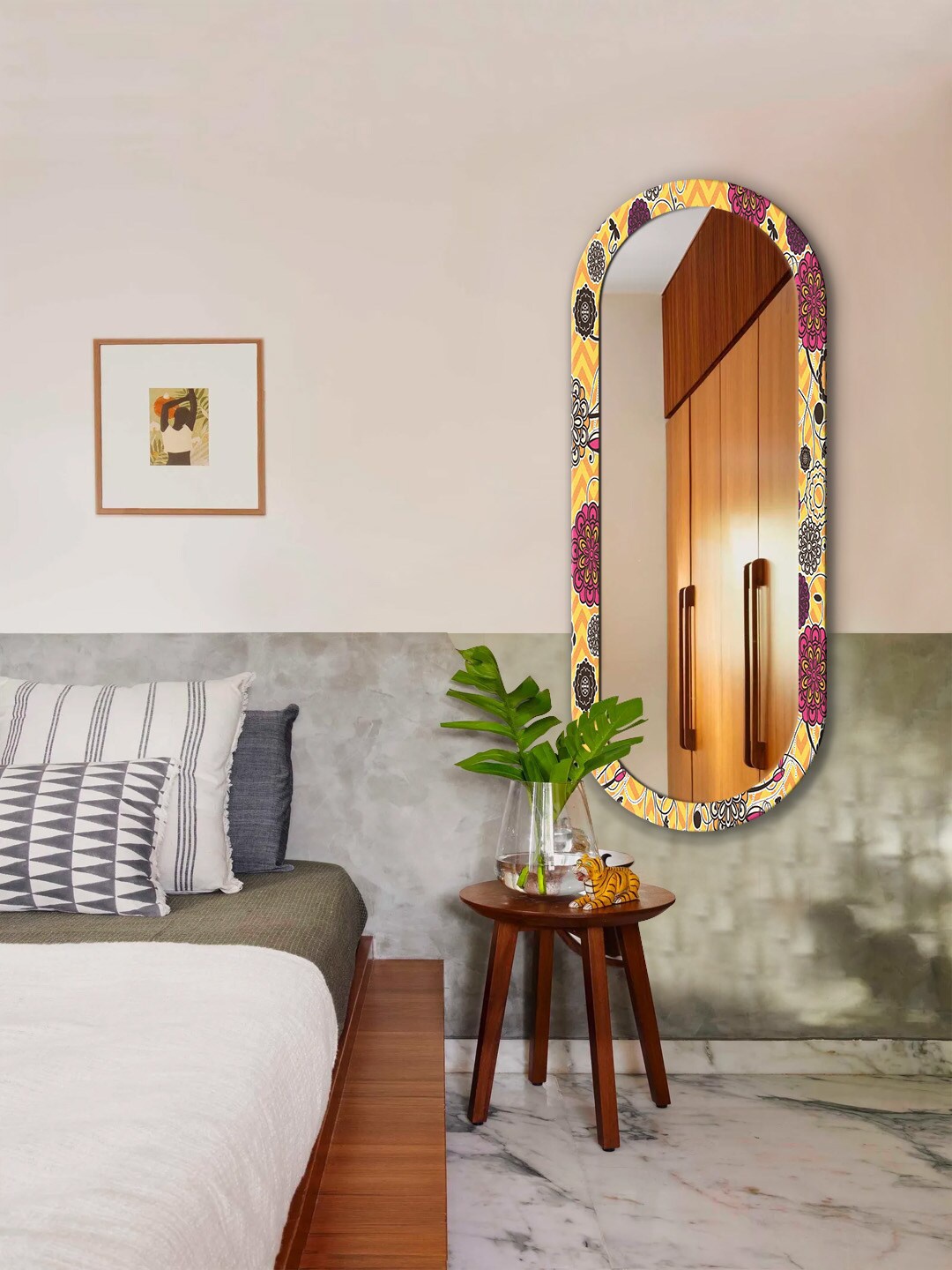 

999Store Yellow & Pink Floral Printed MDF Frame Wall Mirror - 4 Ft