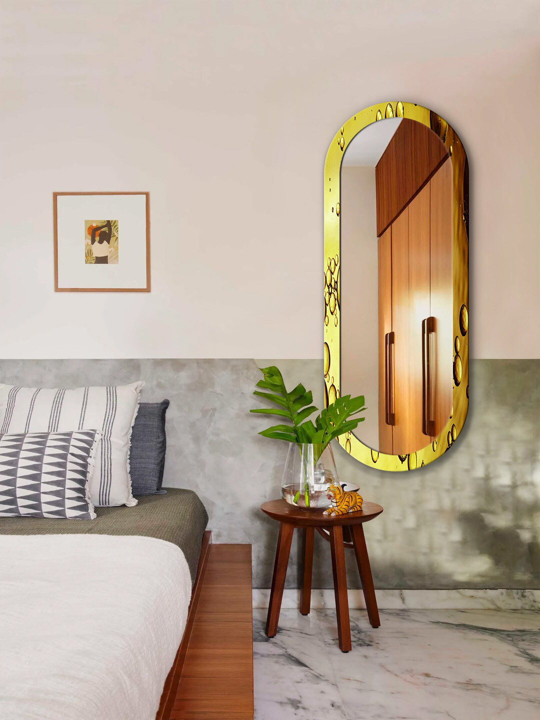 

999Store Yellow & Brown Floral Printed MDF Frame Wall Mirror