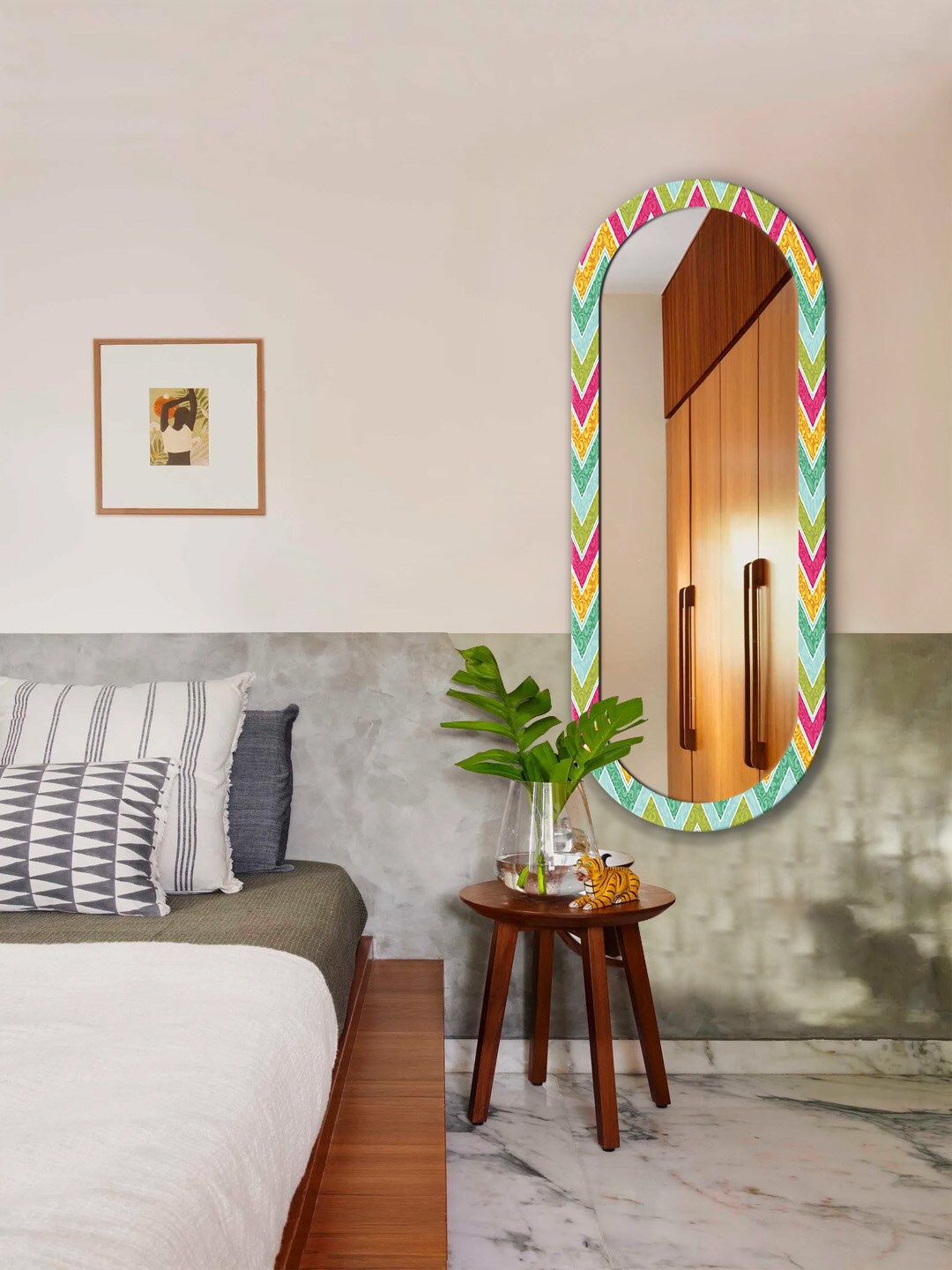 

999Store Green & Yellow Zig Zag Printed MDF Frame Wall Mirror