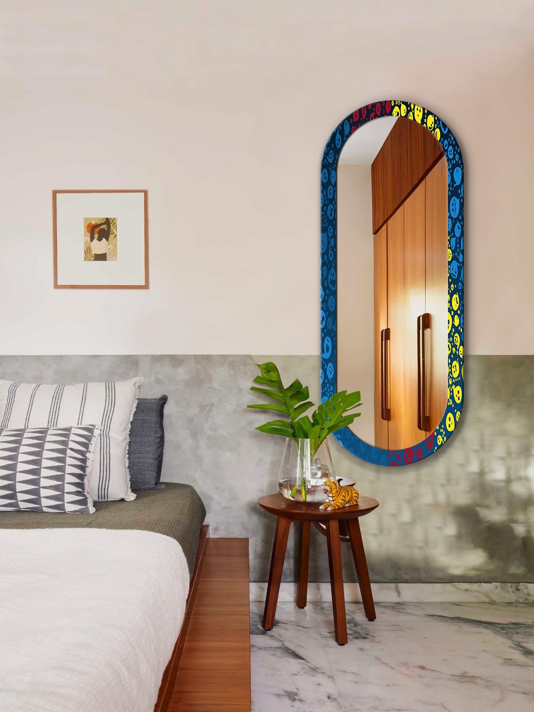 

999Store Blue & Yellow Stickers Printed Wall Mirror