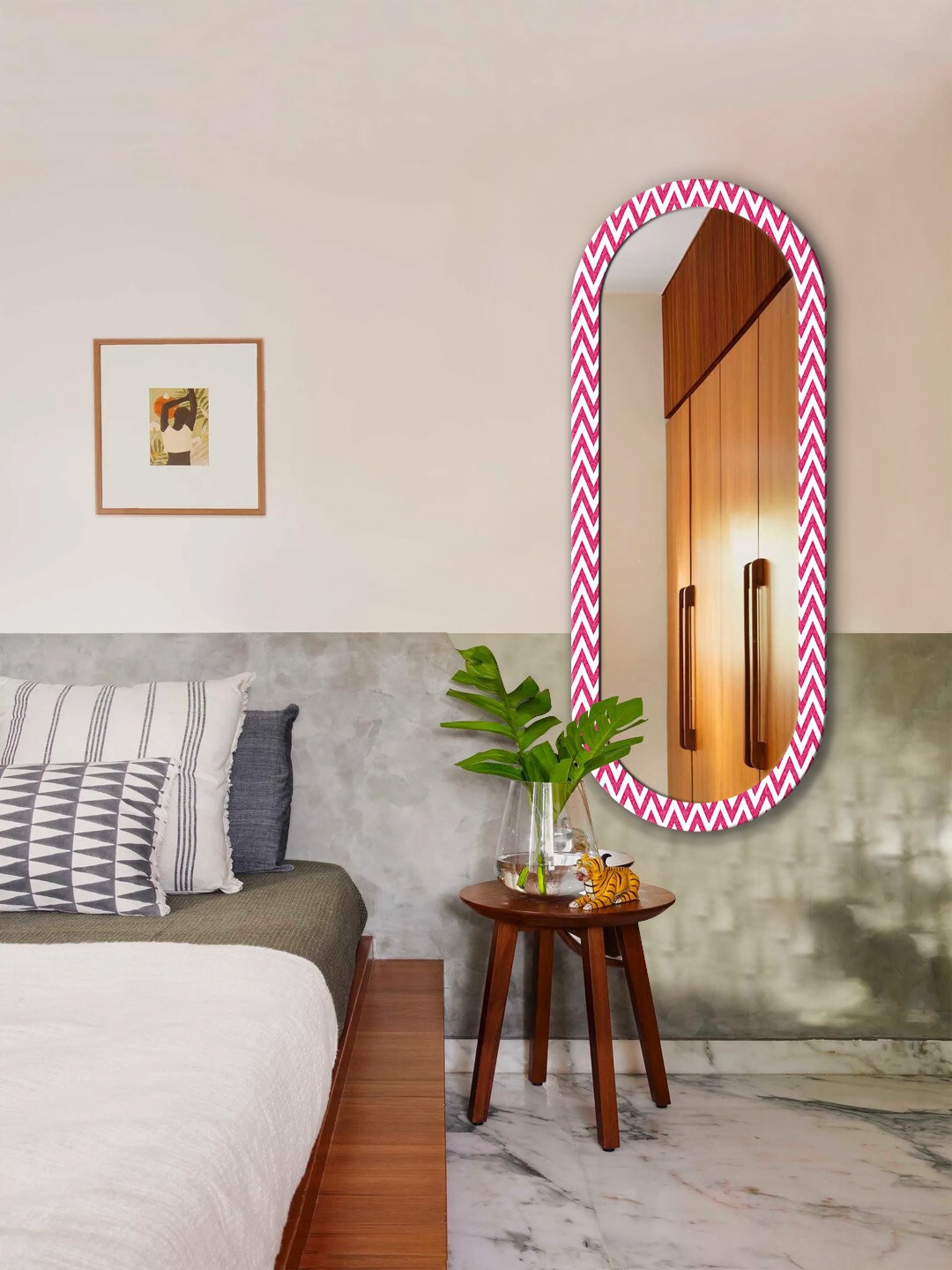 

999Store White & Pink Zig Zag Printed MDF Frame Wall Mirror