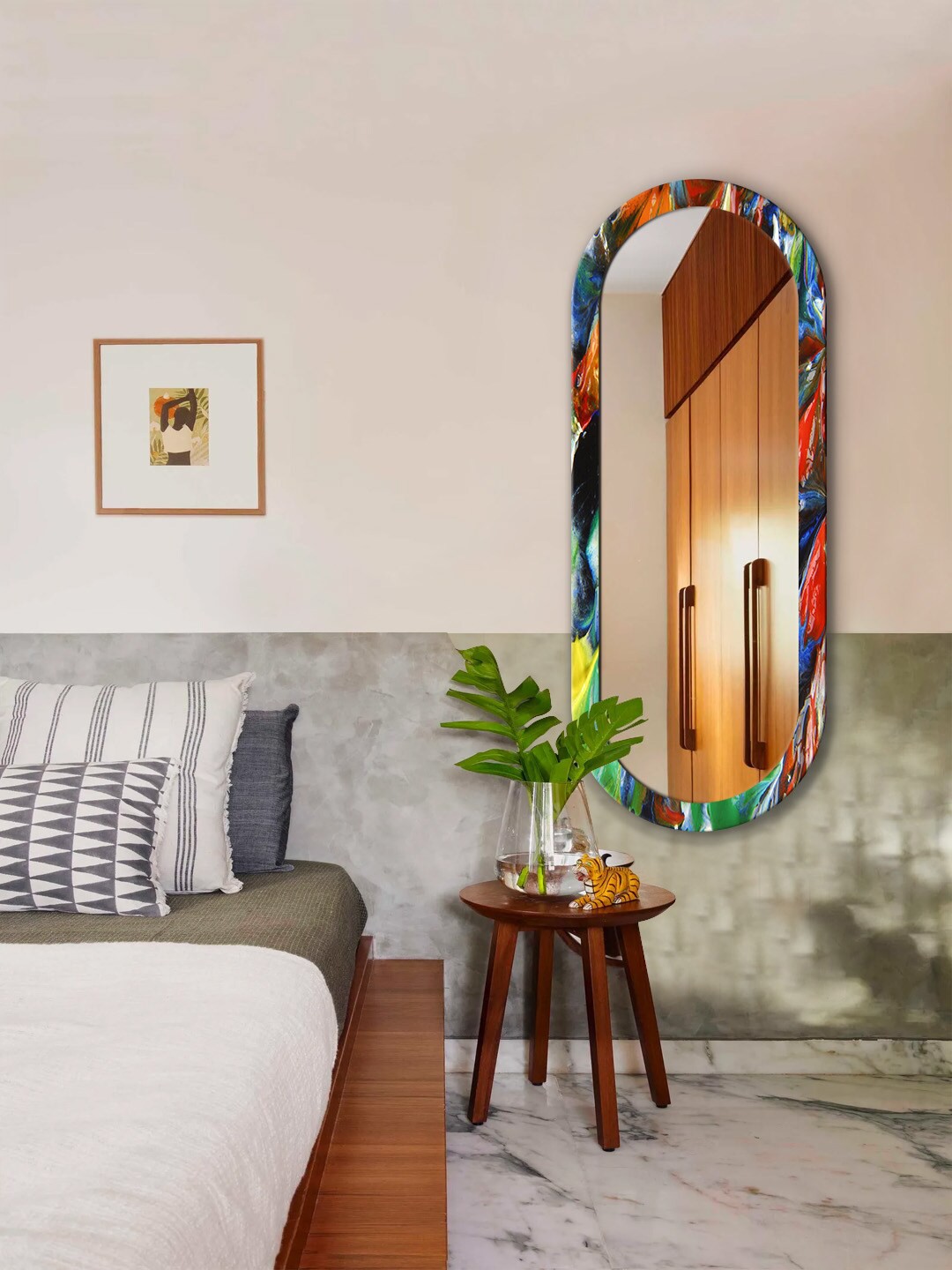 

999Store Red & Green Abstract Printed MDF Frame Wall Mirror
