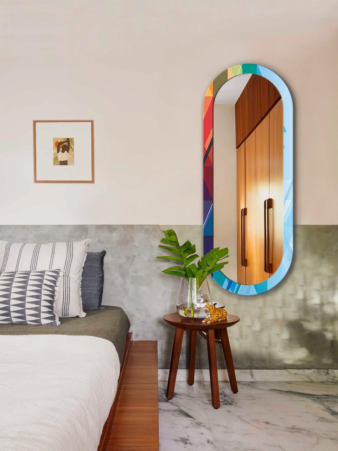 

999Store Blue & Red Abstract Printed MDF Frame Wall Mirror