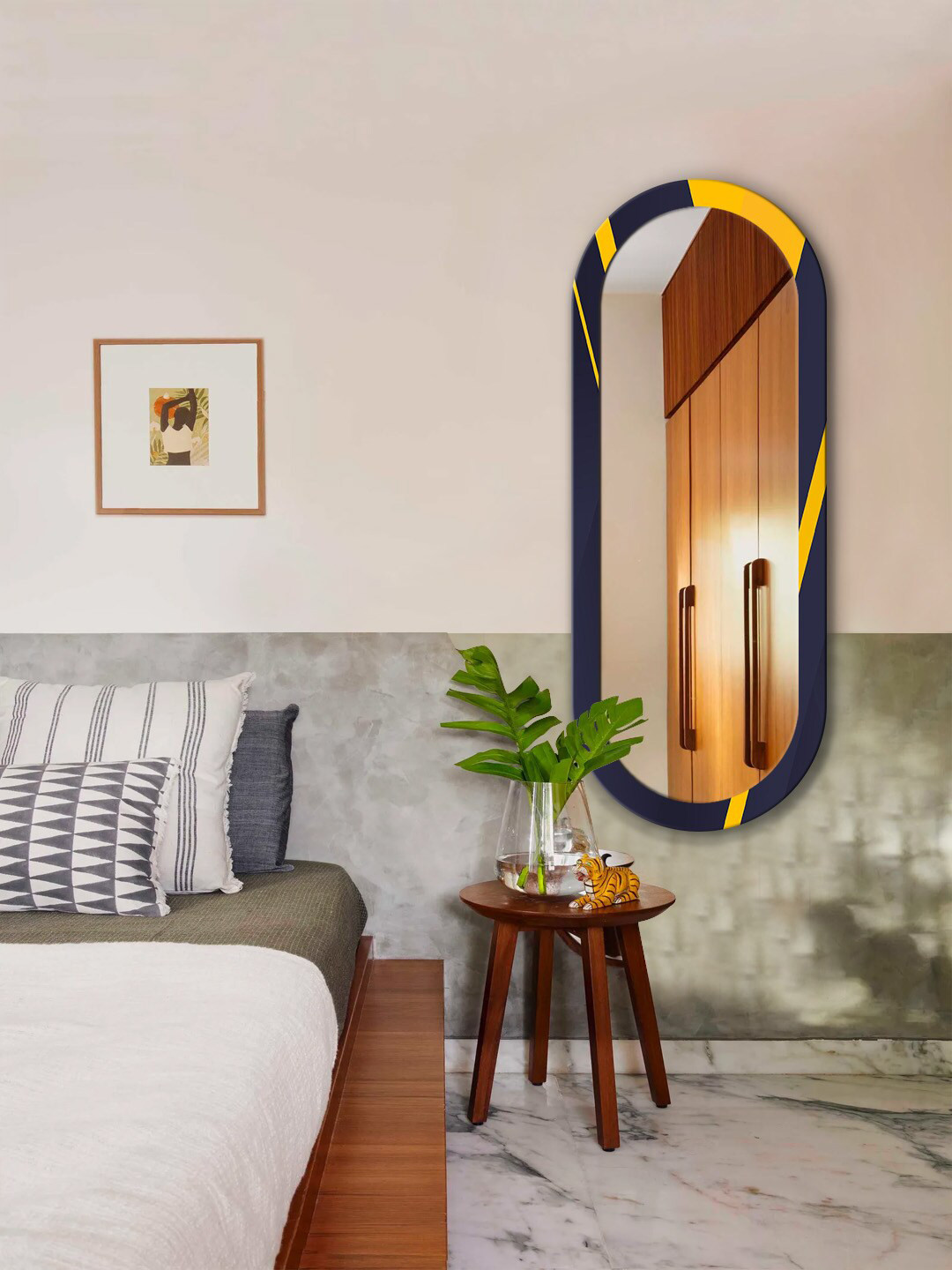 

999Store Blue & Yellow Abstract Printed MDF Frame Wall Mirror