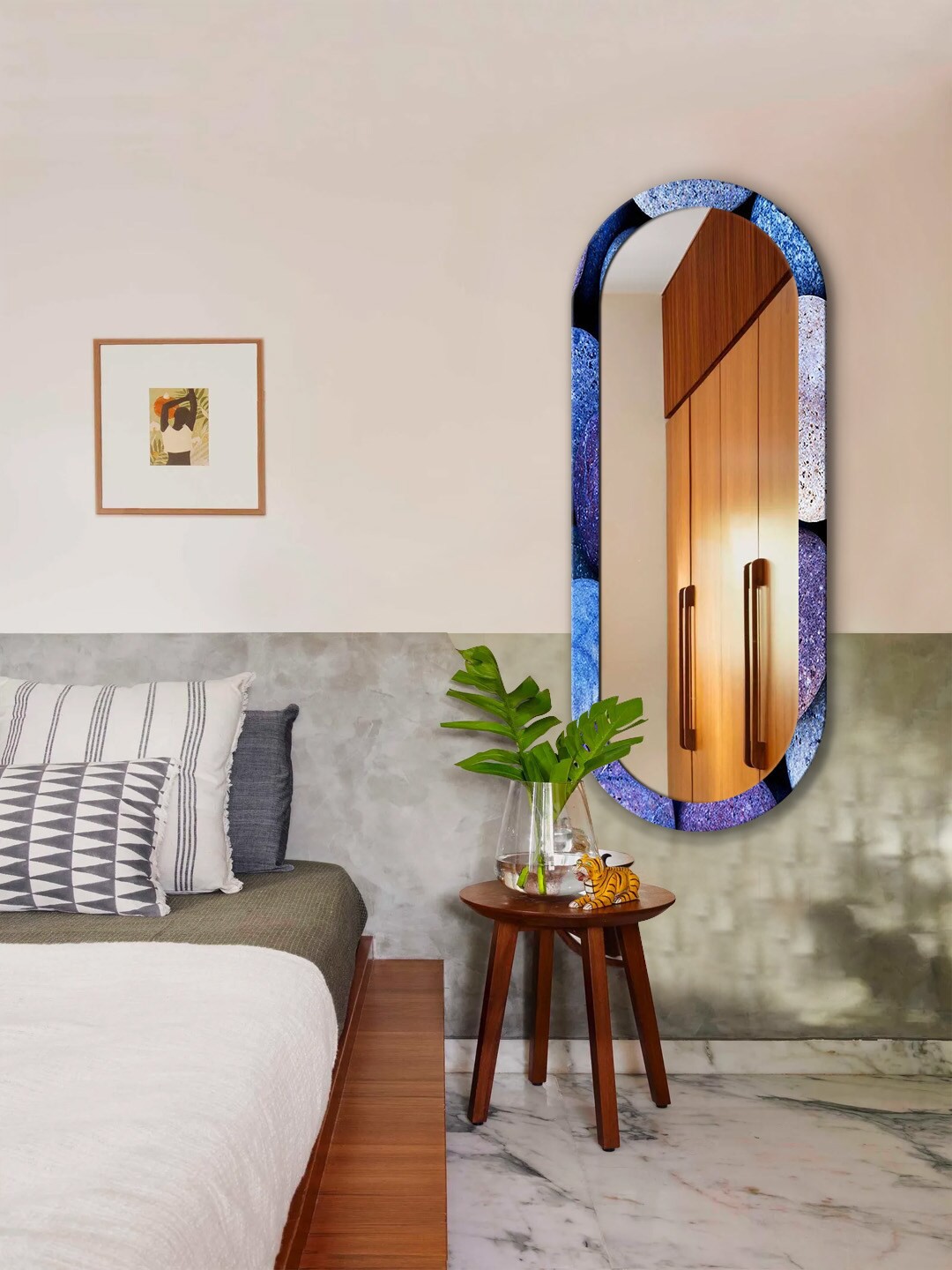 

999Store Blue & Purple Stone Printed MDF Frame Wall Mirror