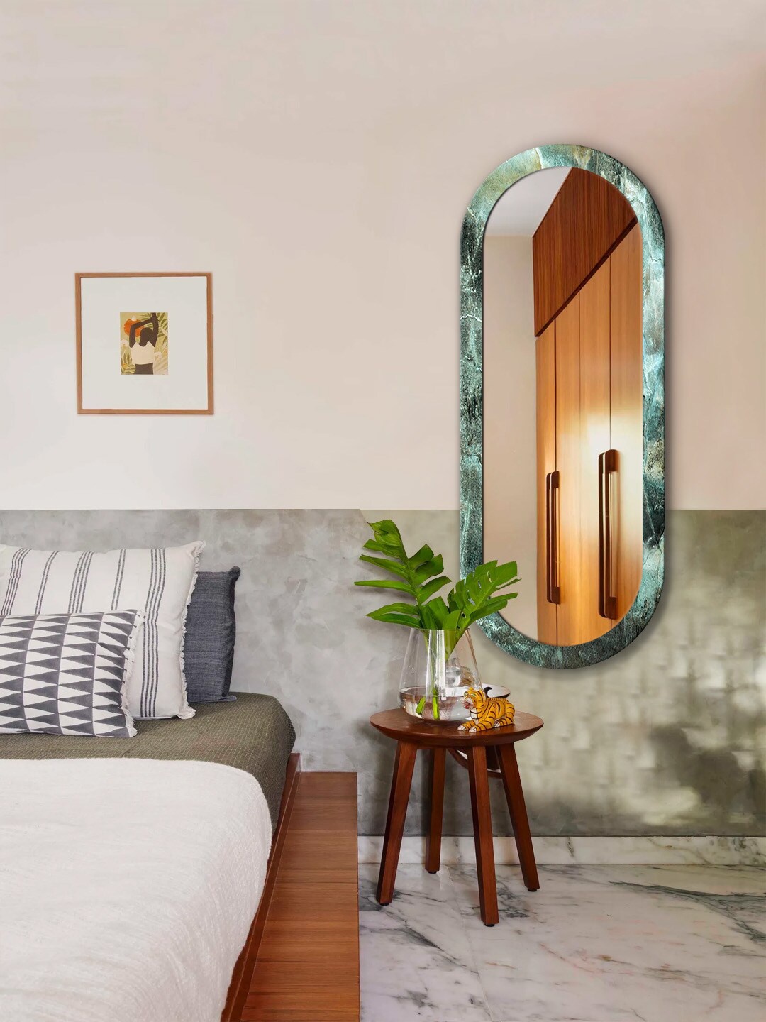 

999Store Blue & Grey Marble Printed MDF Frame Wall Mirror