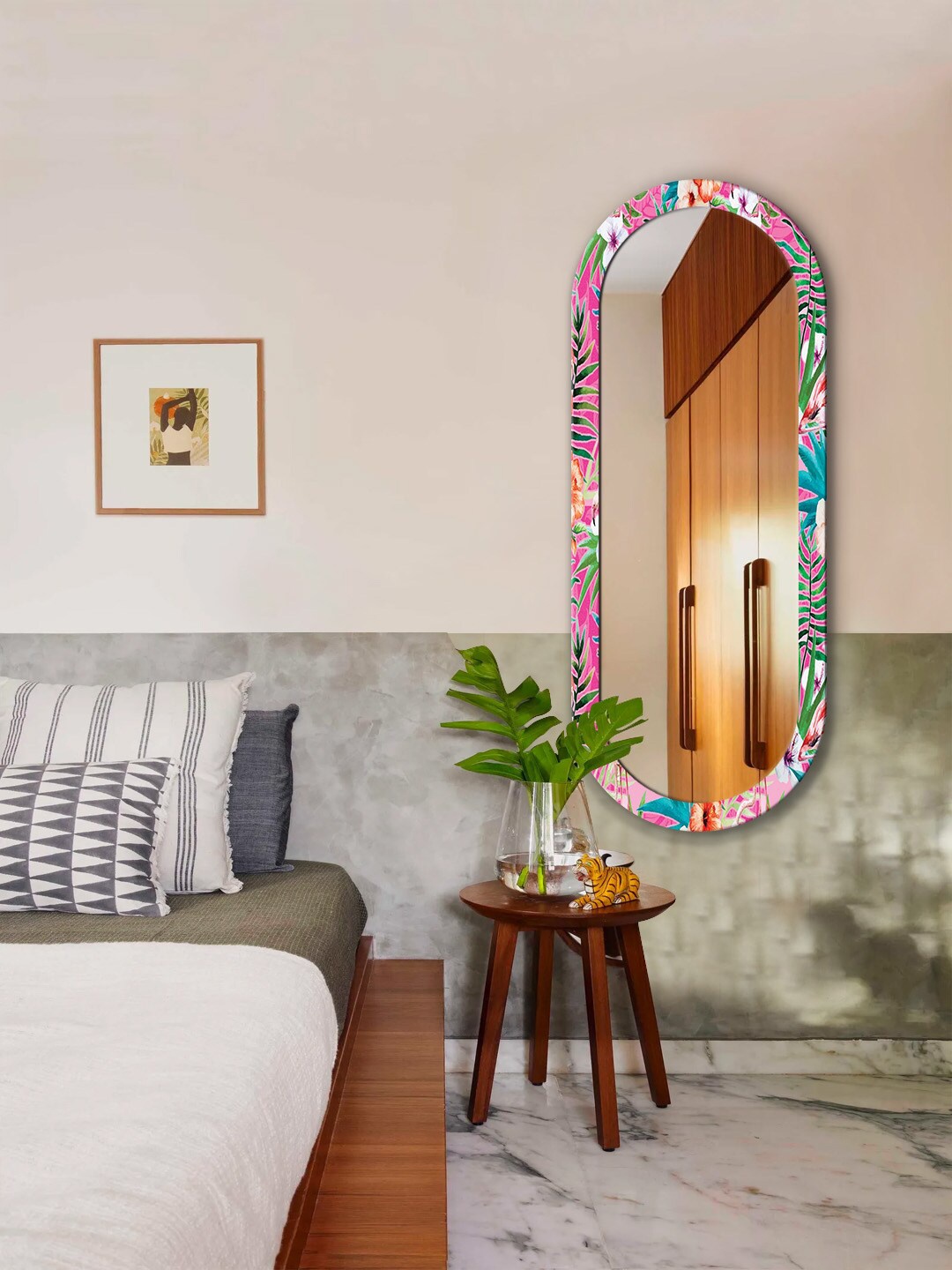 

999Store Pink & Blue Floral Printed MDF Frame Wall Mirror