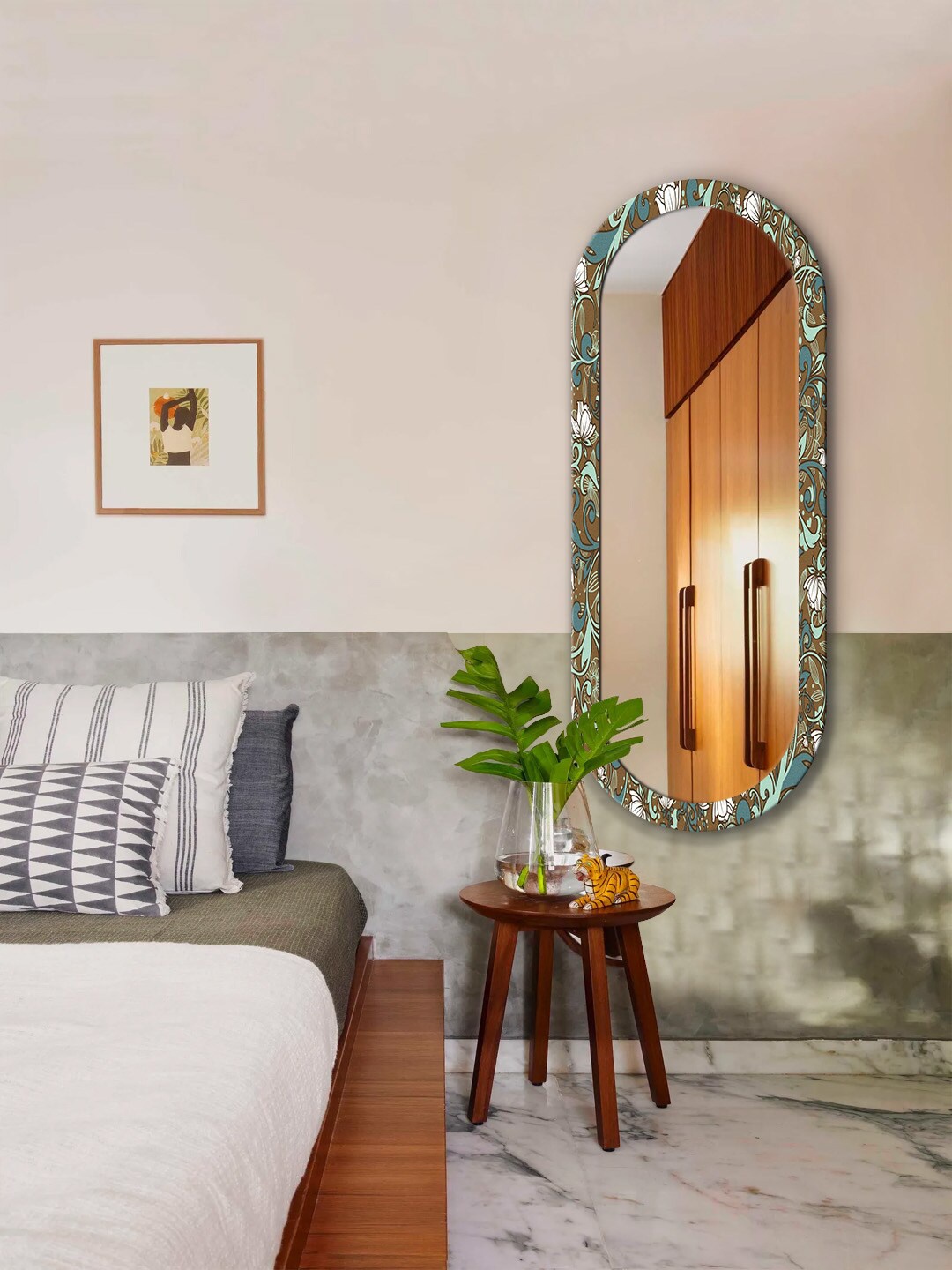 

999Store Brown & Blue Leaves Printed Wall Mirror