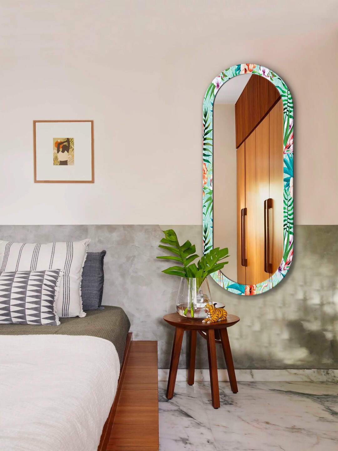 

999Store Green & Red Leaves & Floral Printed Wall Mirror