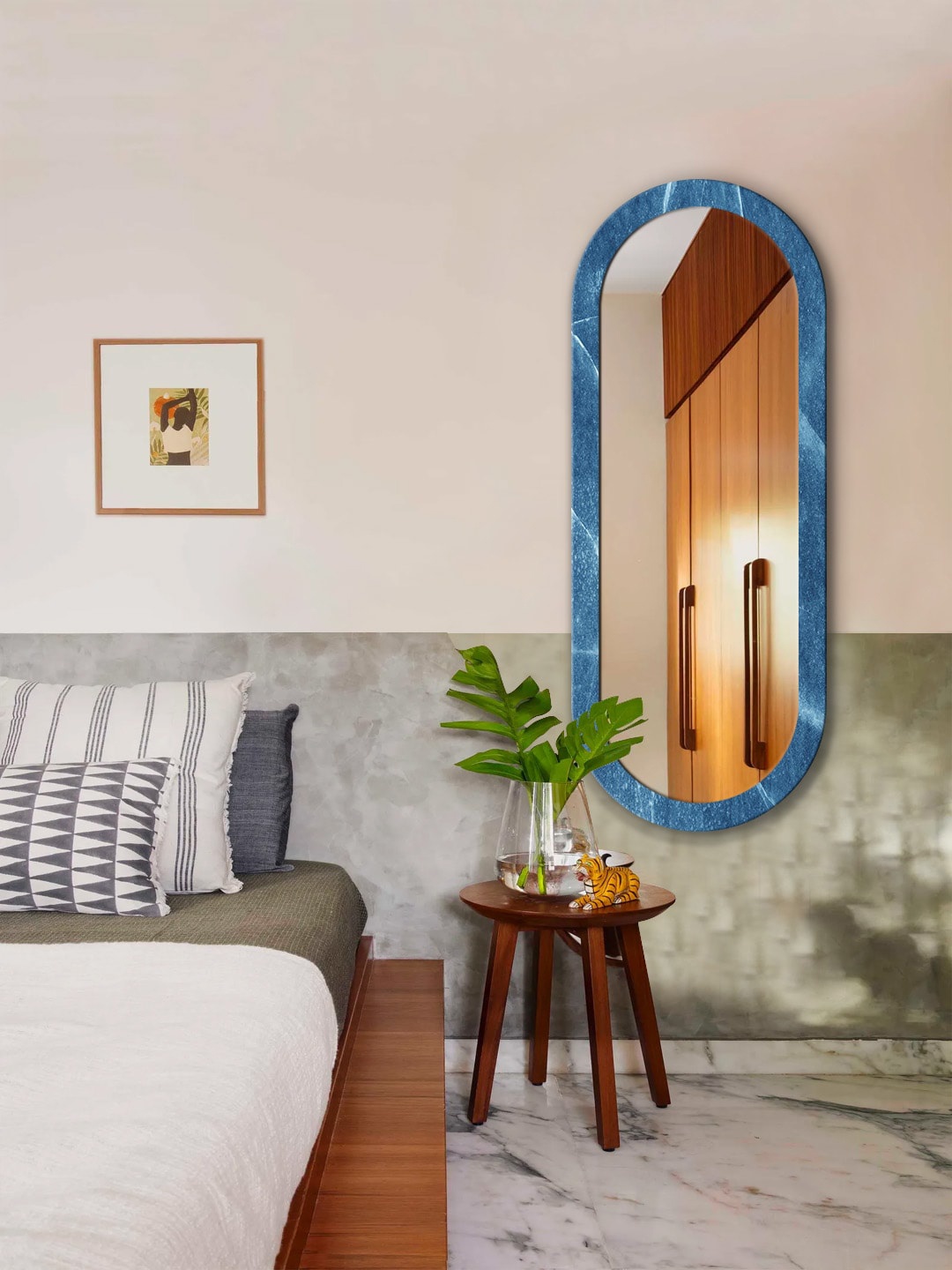 

999Store Blue & White Marble Printed MDF Frame Wall Mirror