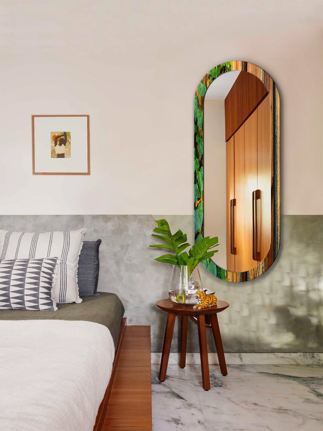 

999Store Brown & Green Leaves Printed Wall Mirror