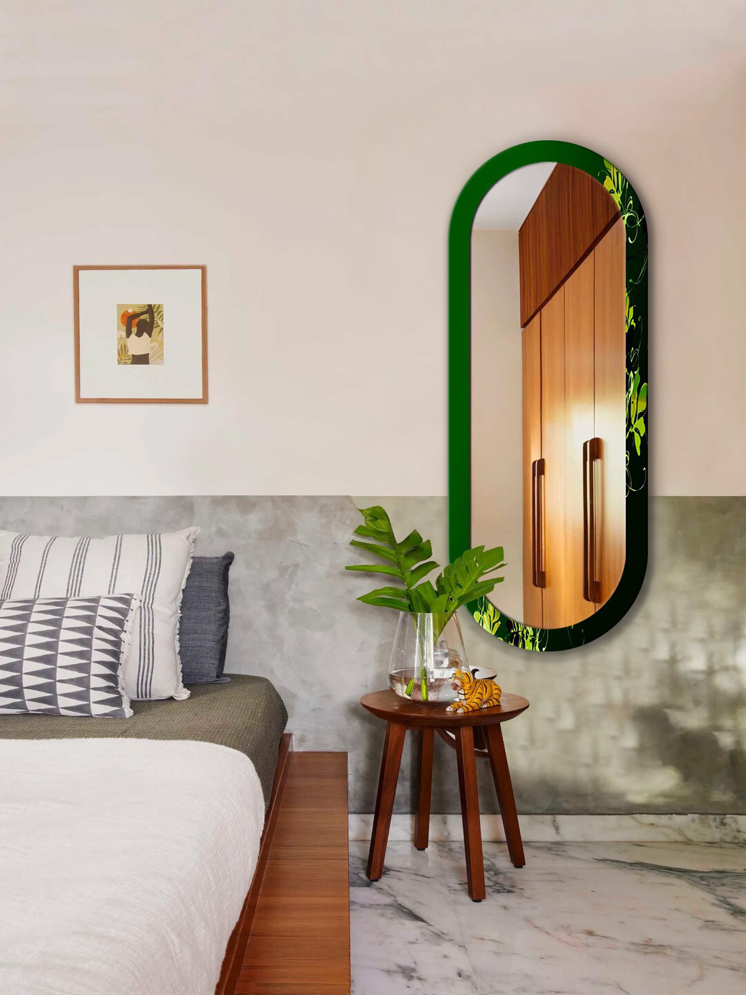 

999Store Green & Yellow Leaves Printed MDF Frame Wall Mirror
