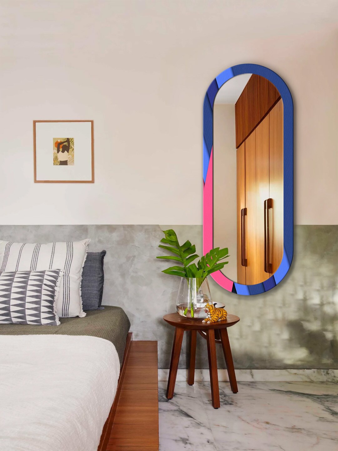 

999Store Blue & Pink Printed MDF Frame Wall Mirror