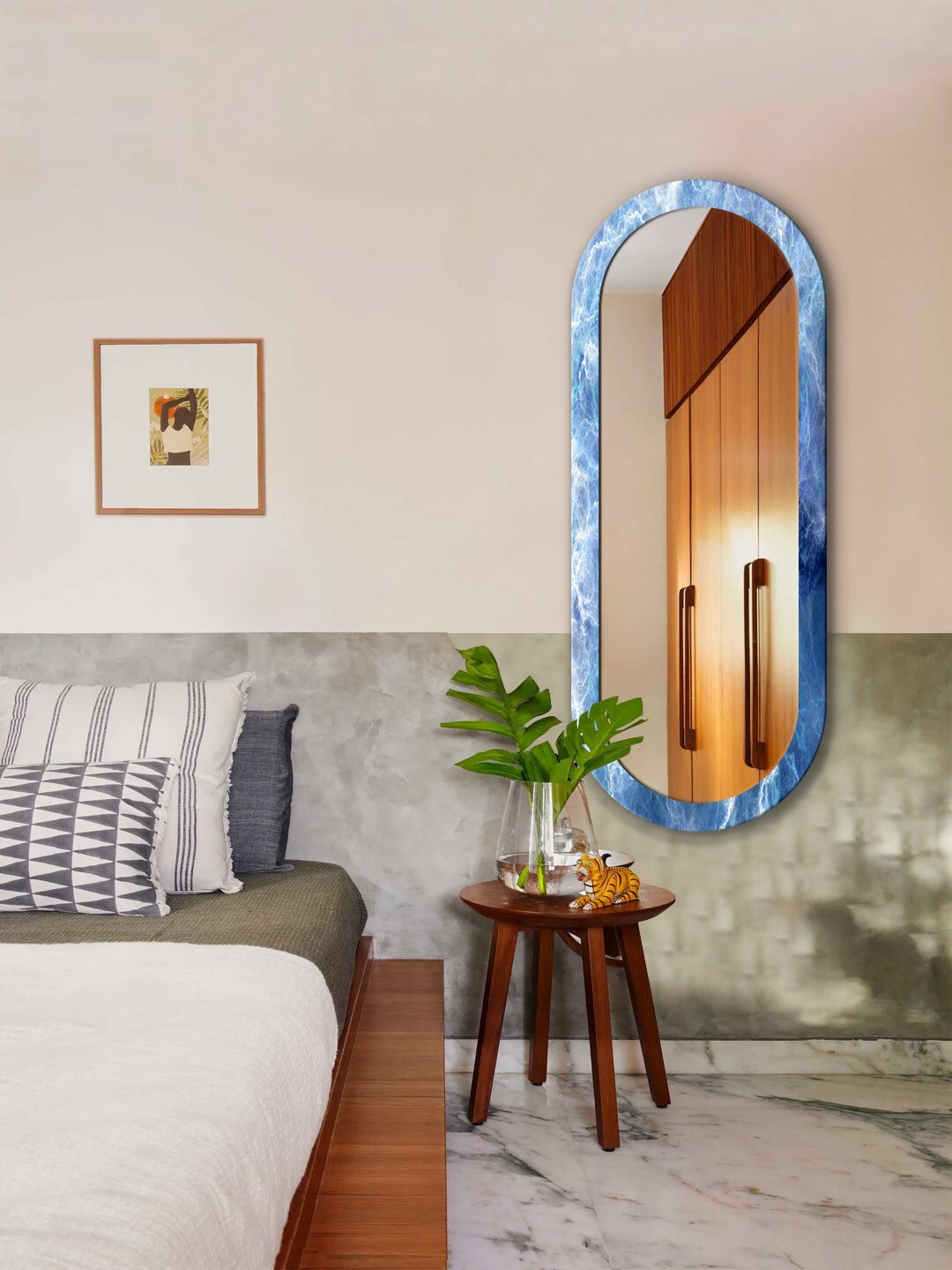 

999Store Blue & White Printed MDF Frame Wall Mirror