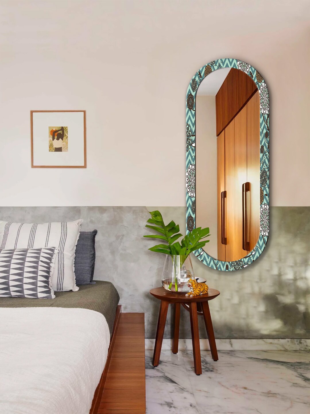 

999Store Teal-Blue & Brown Floral Printed MDF Frame Wall Mirror