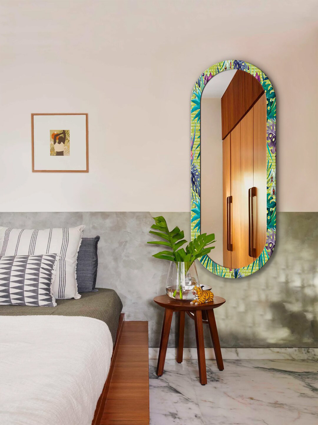 

999Store Green & Purple Leaves Printed MDF Frame Wall Mirror