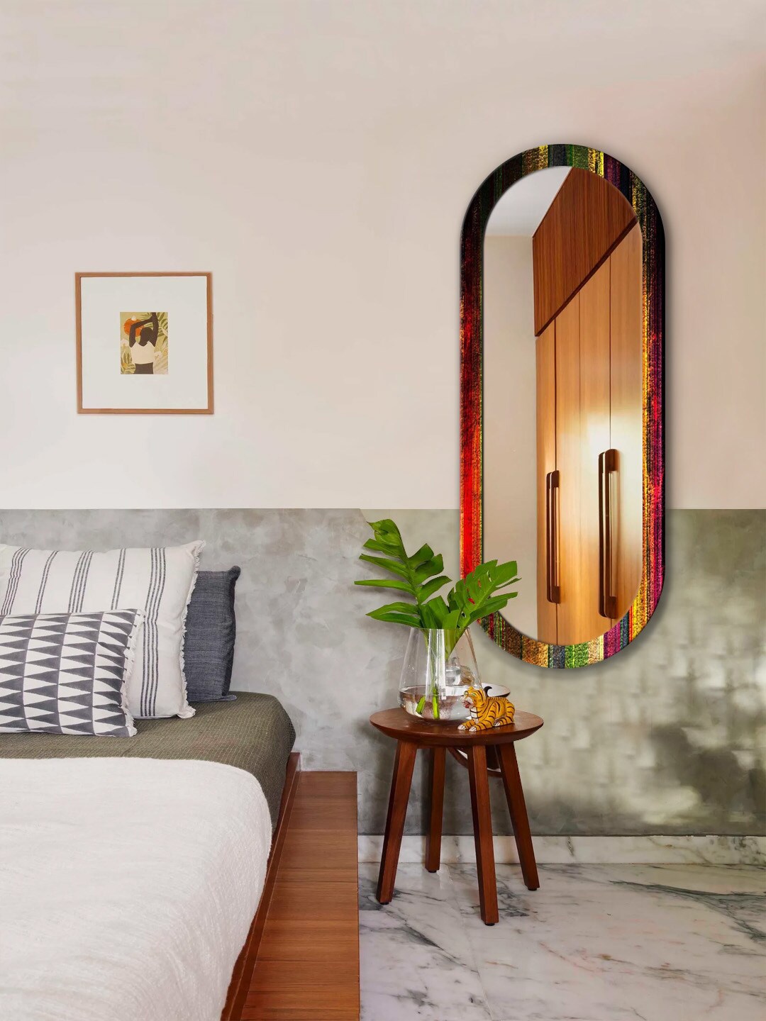 

999Store Red & Yellow Abstract Printed MDF Frame Wall Mirror