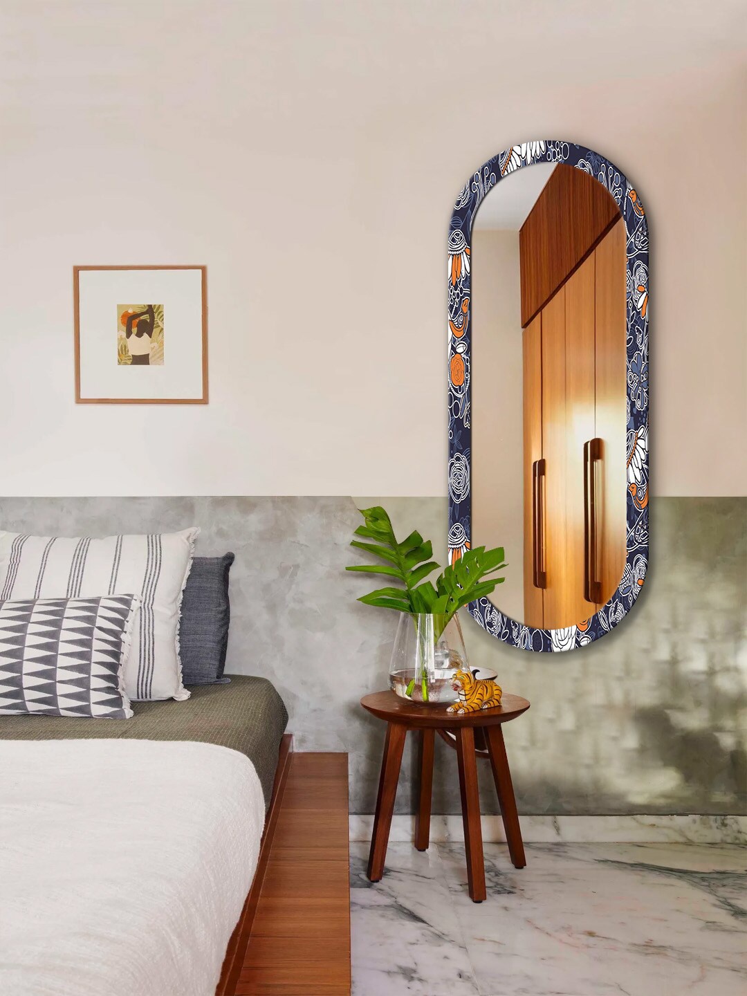 

999Store Blue & White Birds Printed Wall Mirror