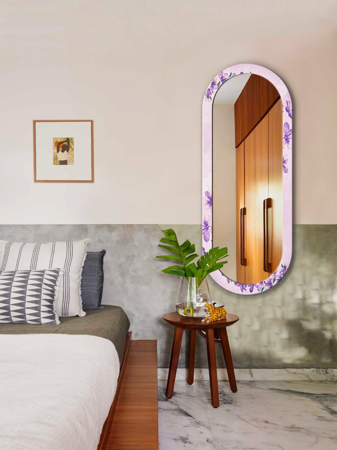 

999Store Purple Floral Printed MDF Frame Wall Mirror