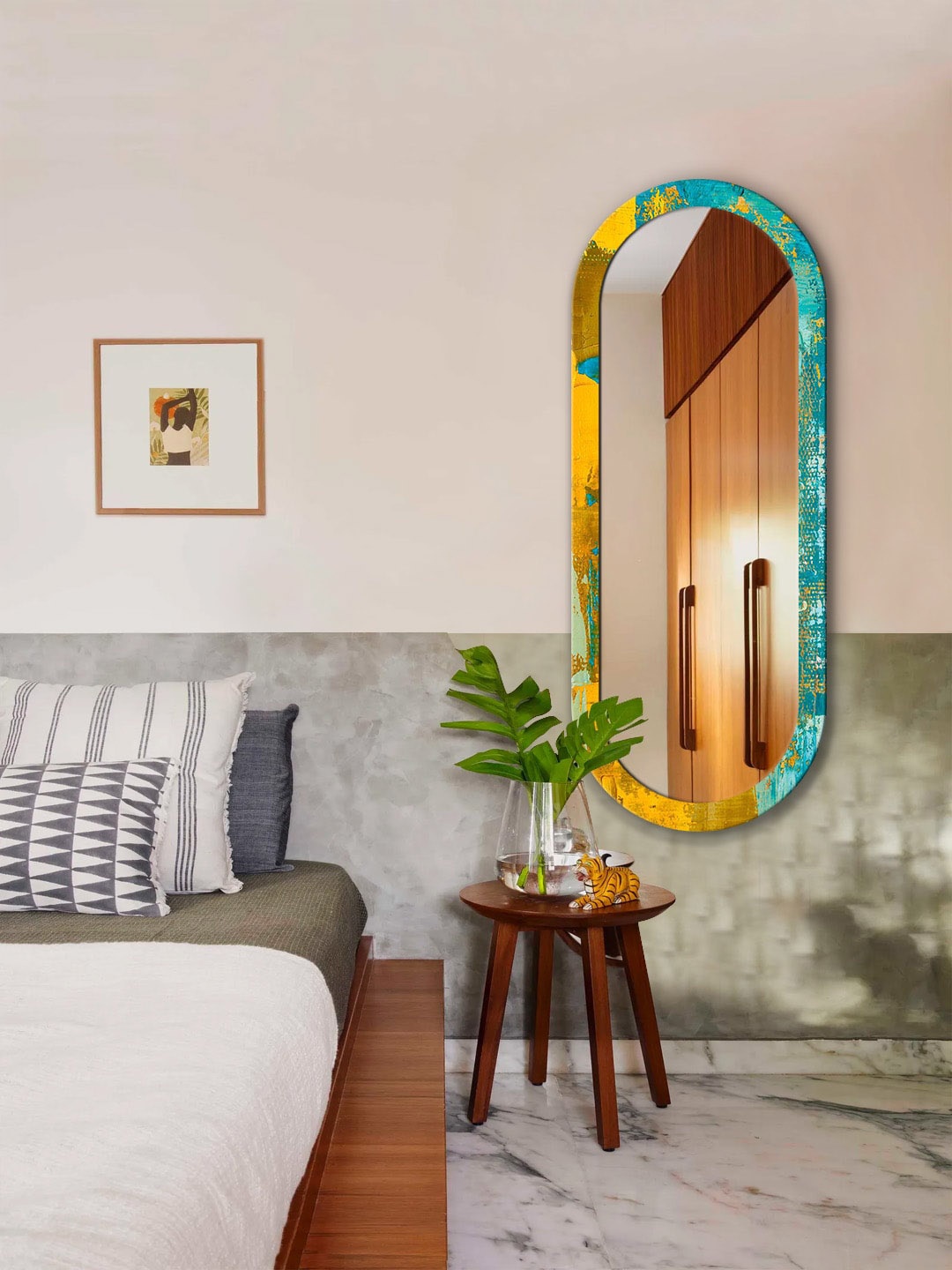 

999Store Blue & Yellow Abstract Printed Wall Mirror