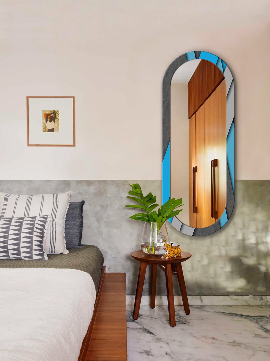 

999Store Blue & Grey Abstract Printed Wall Mirror