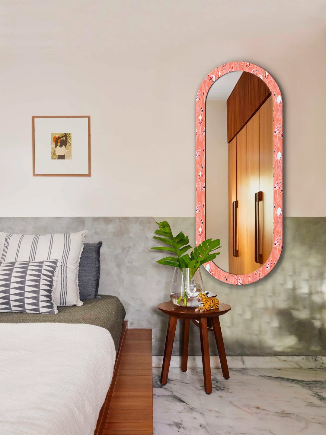 

999Store Orange & White Birds Printed Wall Mirror