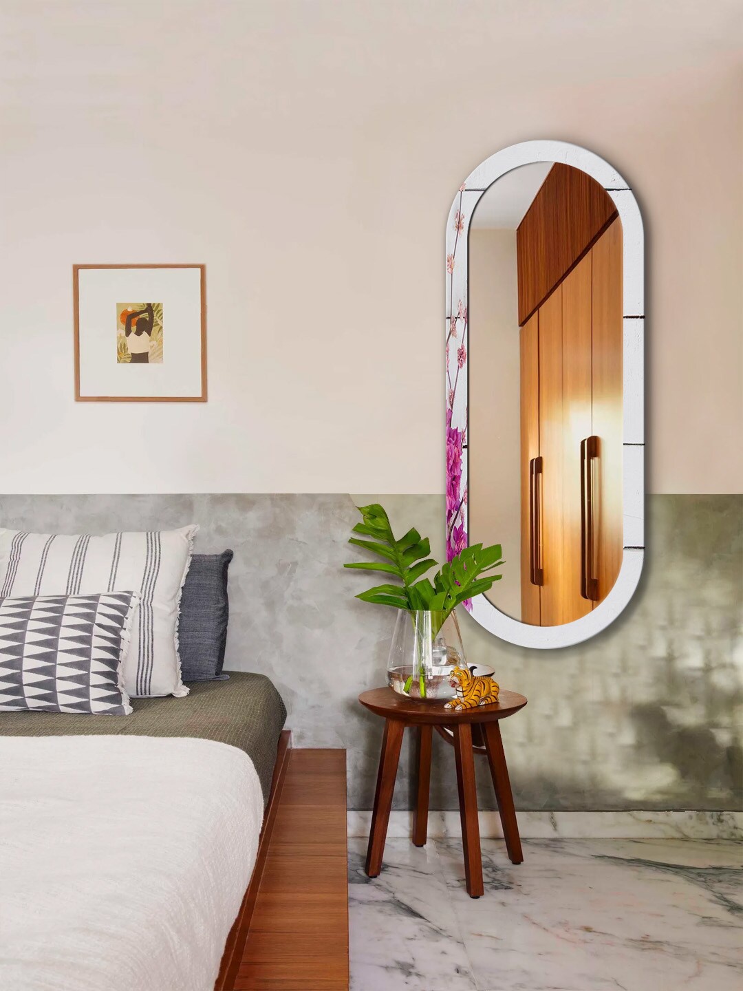 

999Store White & Pink Floral Printed MDF Frame Wall Mirror