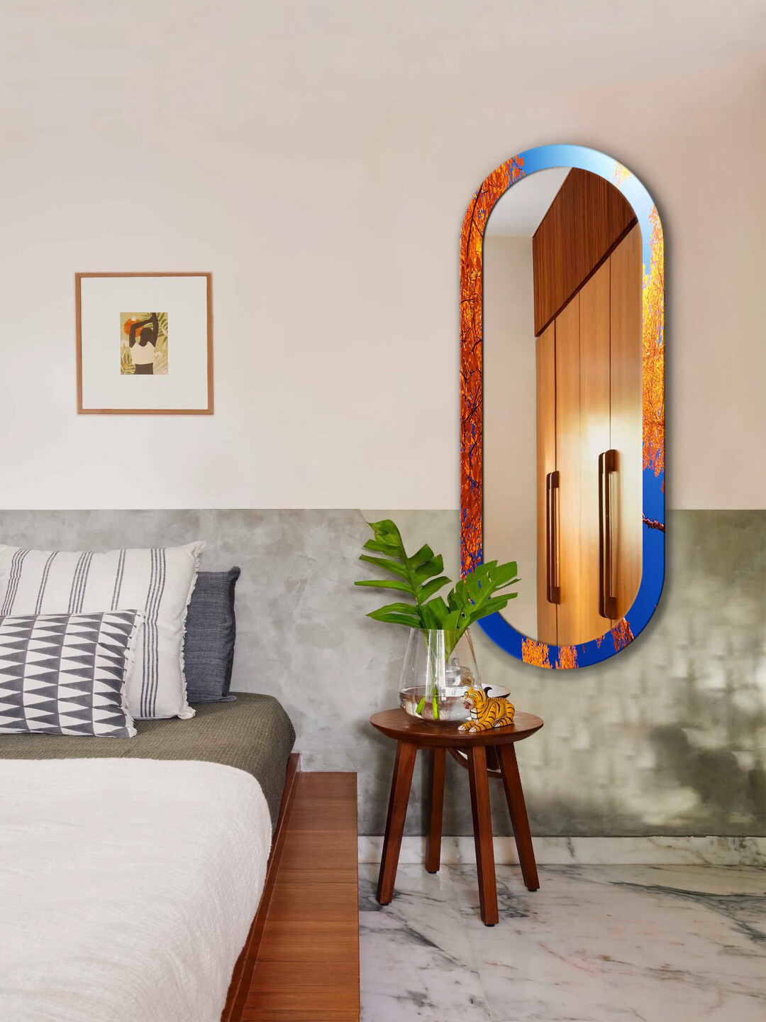 

999Store Blue & Red Tree Printed MDF Frame Wall Mirror