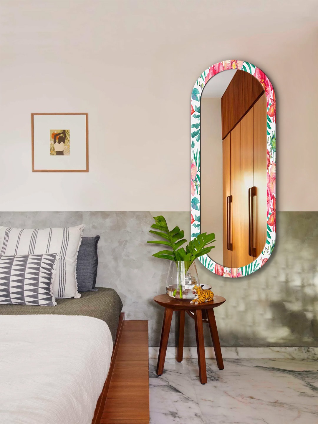 

999Store White & Red Floral Printed MDF Frame Wall Mirror