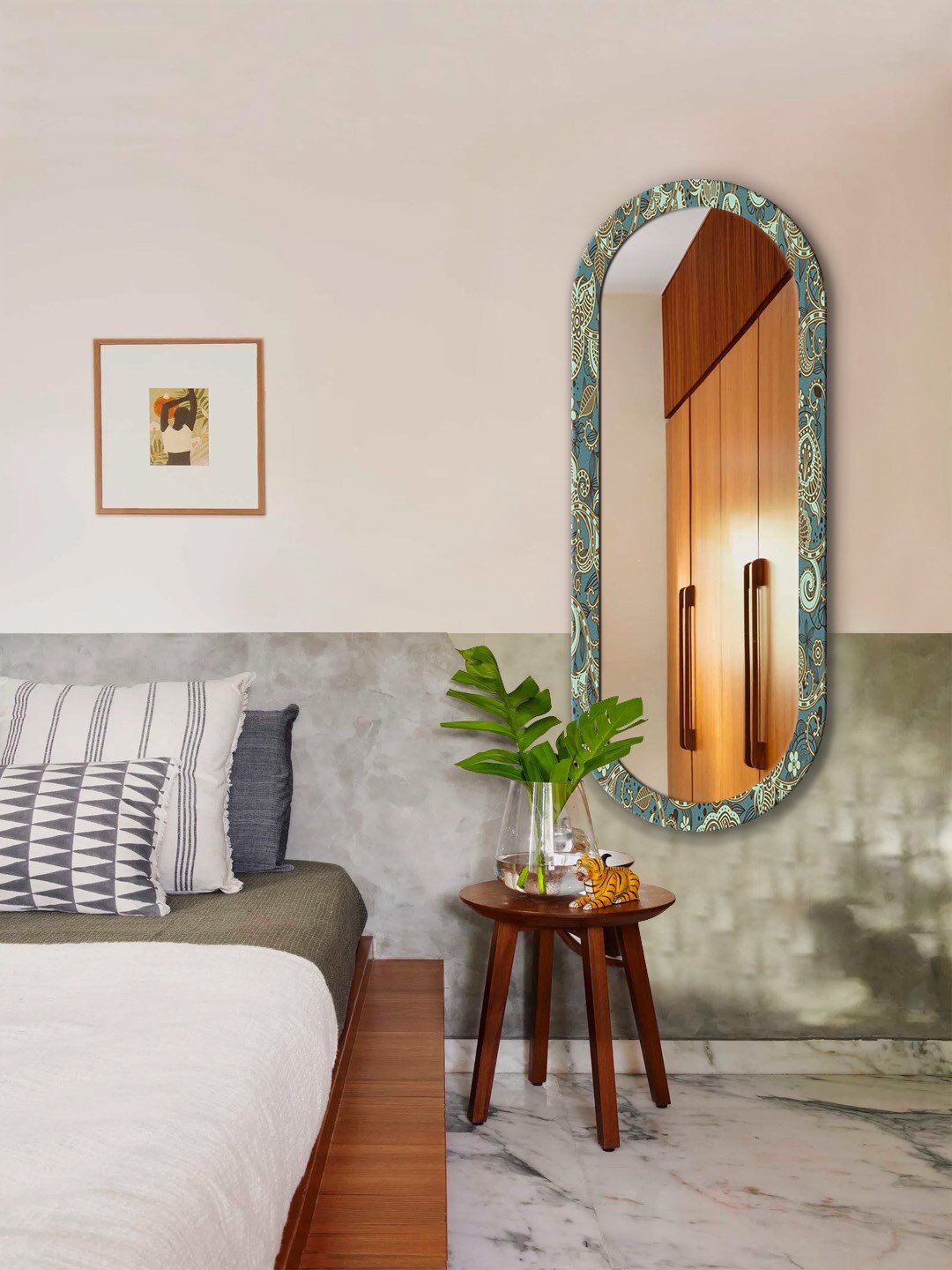 

999Store Teal Blue & Brown Leaves Printed Wall Mirror