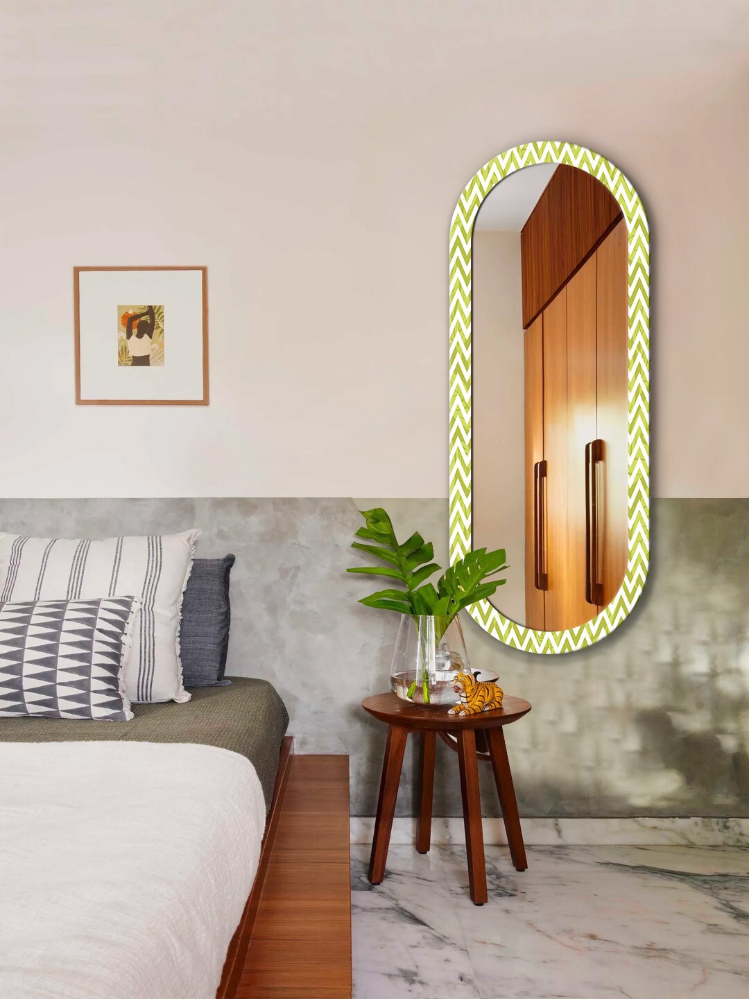 

999Store Green & White Zig Zag Printed MDF Frame Wall Mirror