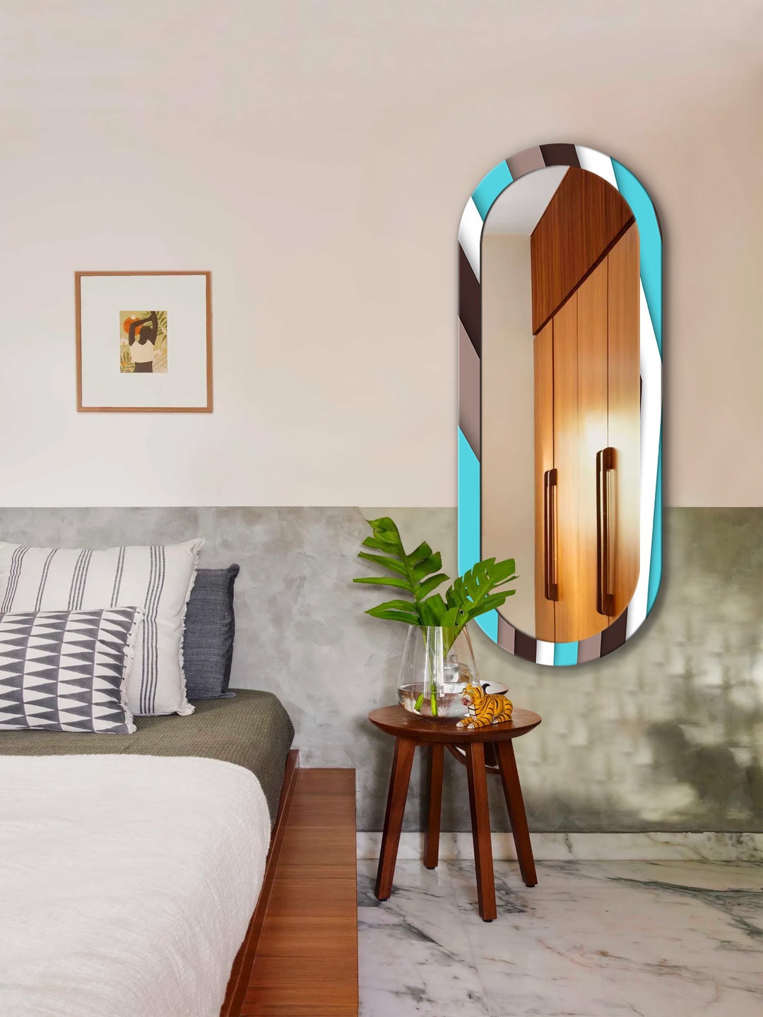 

999Store Blue & Brown Striped MDF Frame Wall Mirror