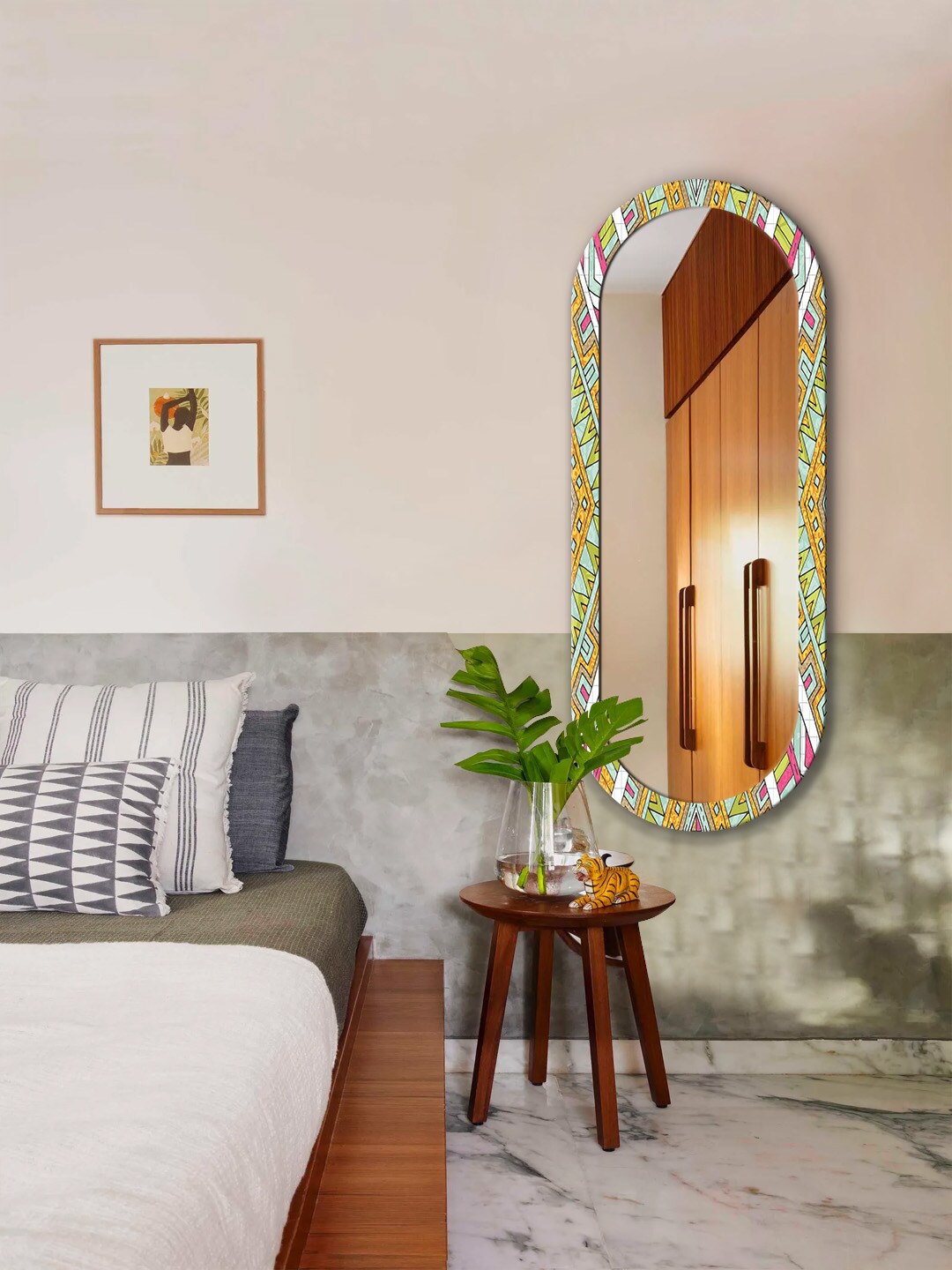 

999Store Green & Yellow Art Printed MDF Frame Wall Mirror