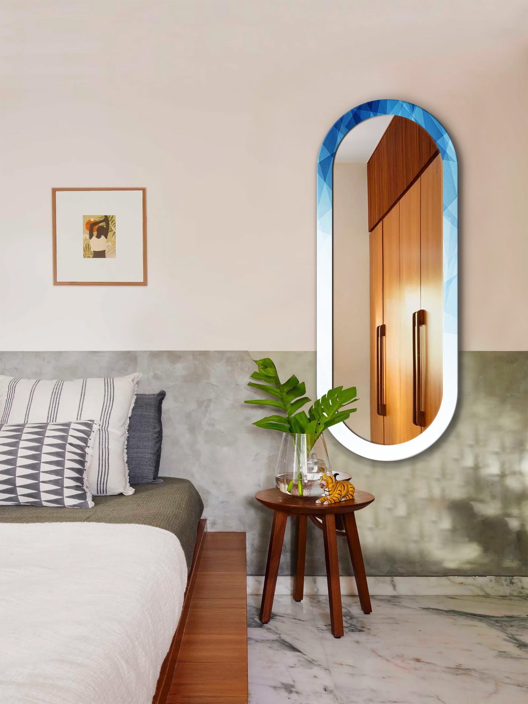 

999Store Blue & White Abstract Printed MDF Frame Wall Mirror