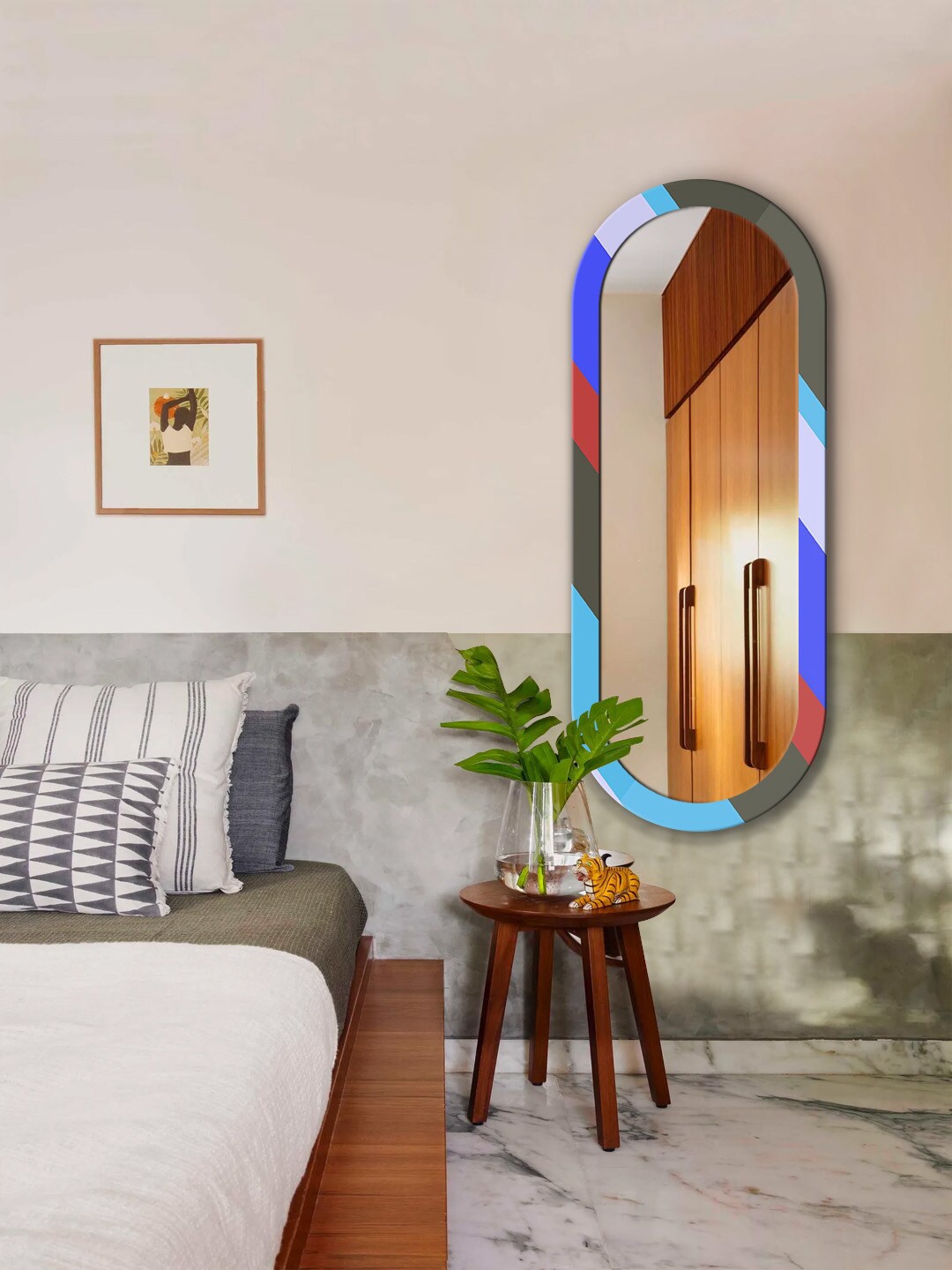 

999Store Blue & Grey Abstract Printed Wall Mirror